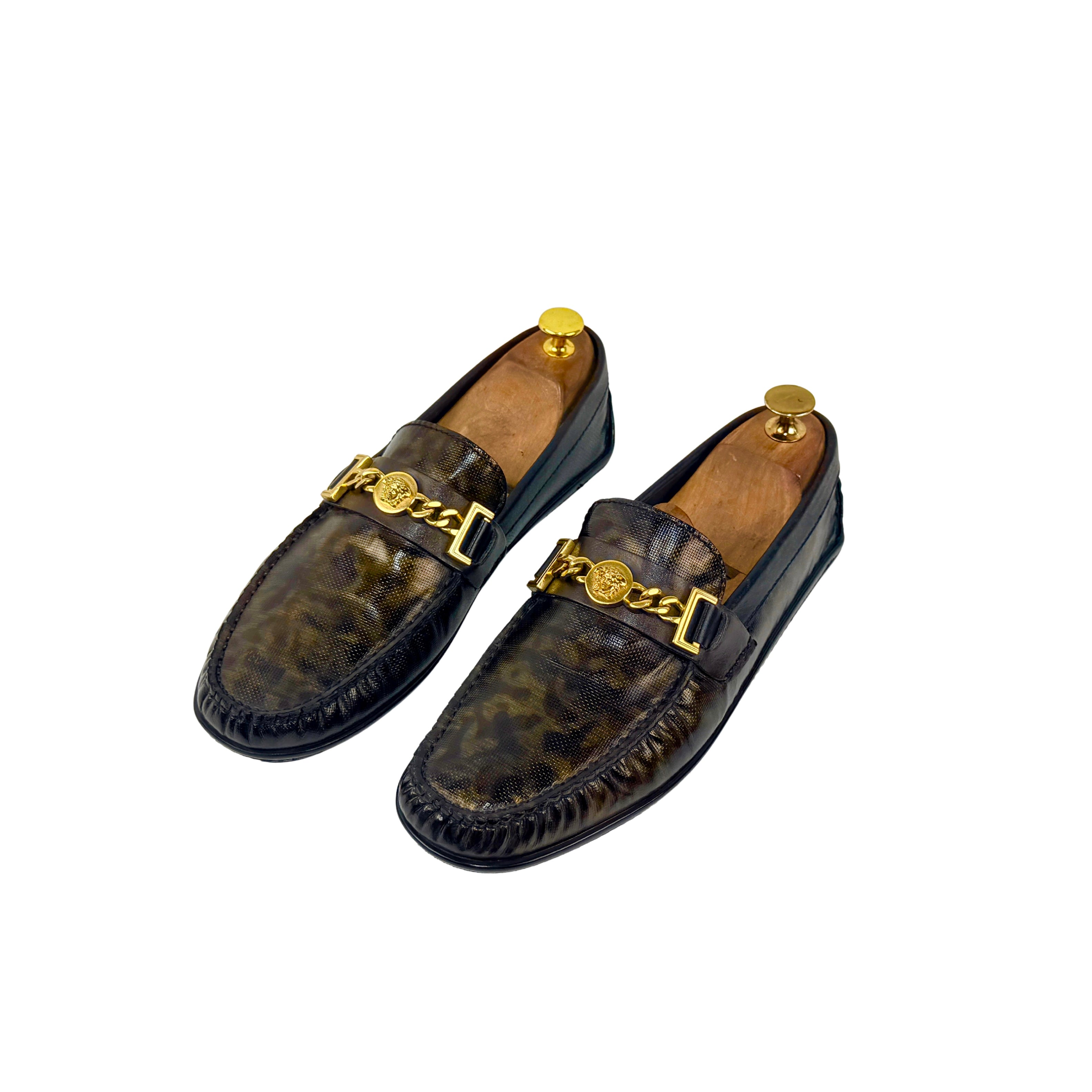 VERSACE Patent Leather Camouflage Leopard Inspired Print Leather Loafers/Moccasins (Size 42)