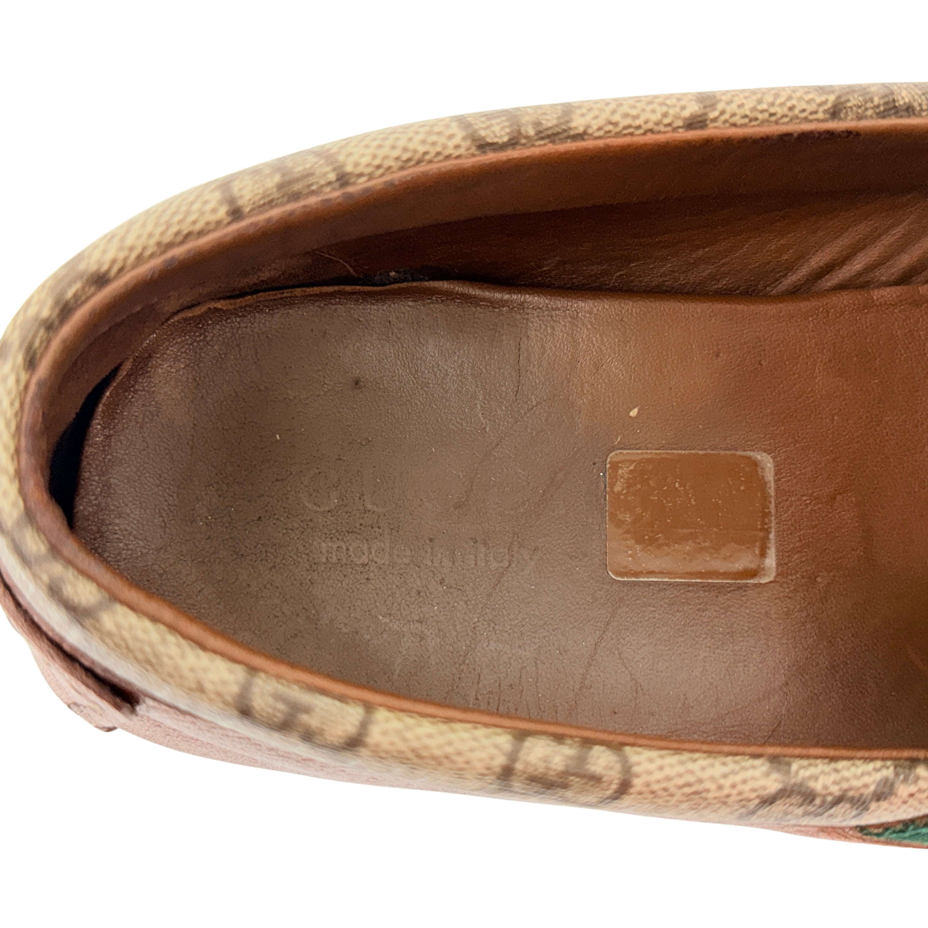 GUCCI Brown Leather And GG Coated Canvas Web Detail Slip On Loafers/Moccasins (Size 42)
