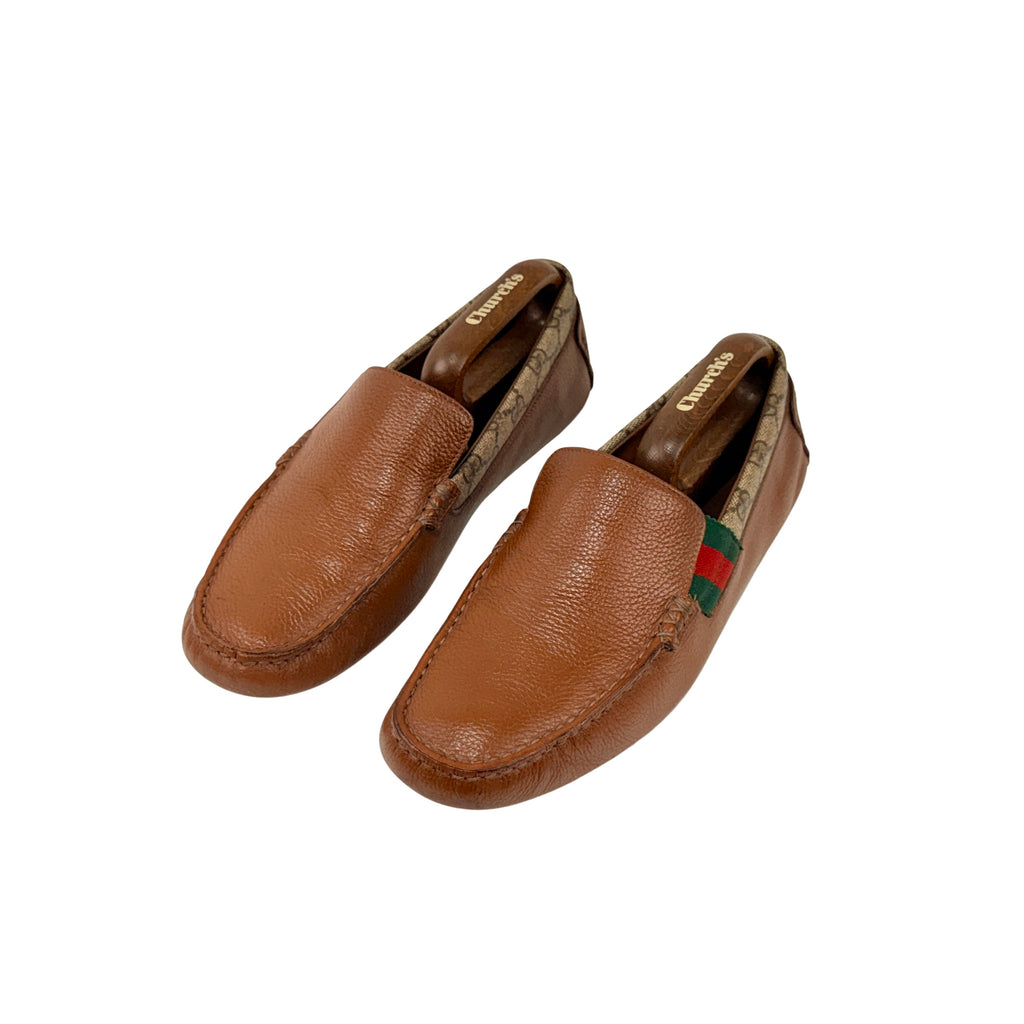 GUCCI Brown Leather And GG Coated Canvas Web Detail Slip On Loafers/Moccasins (Size 42)