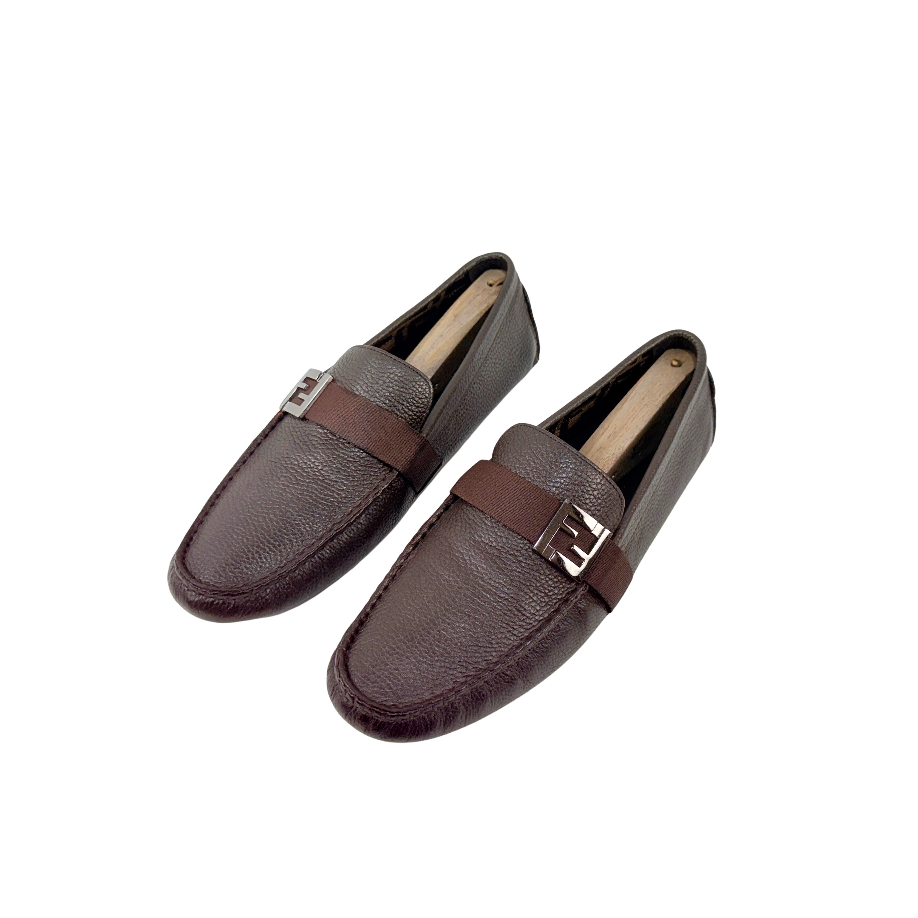 FENDI Men's Brown FF Metal Logo Loafers/Moccasins (Size 43)