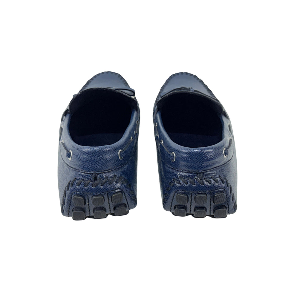 LOUIS VUITTON Arizona Driving/Loafer/Moccasins Navy Blue Taiga Leather Silver Hardware (Size 44)