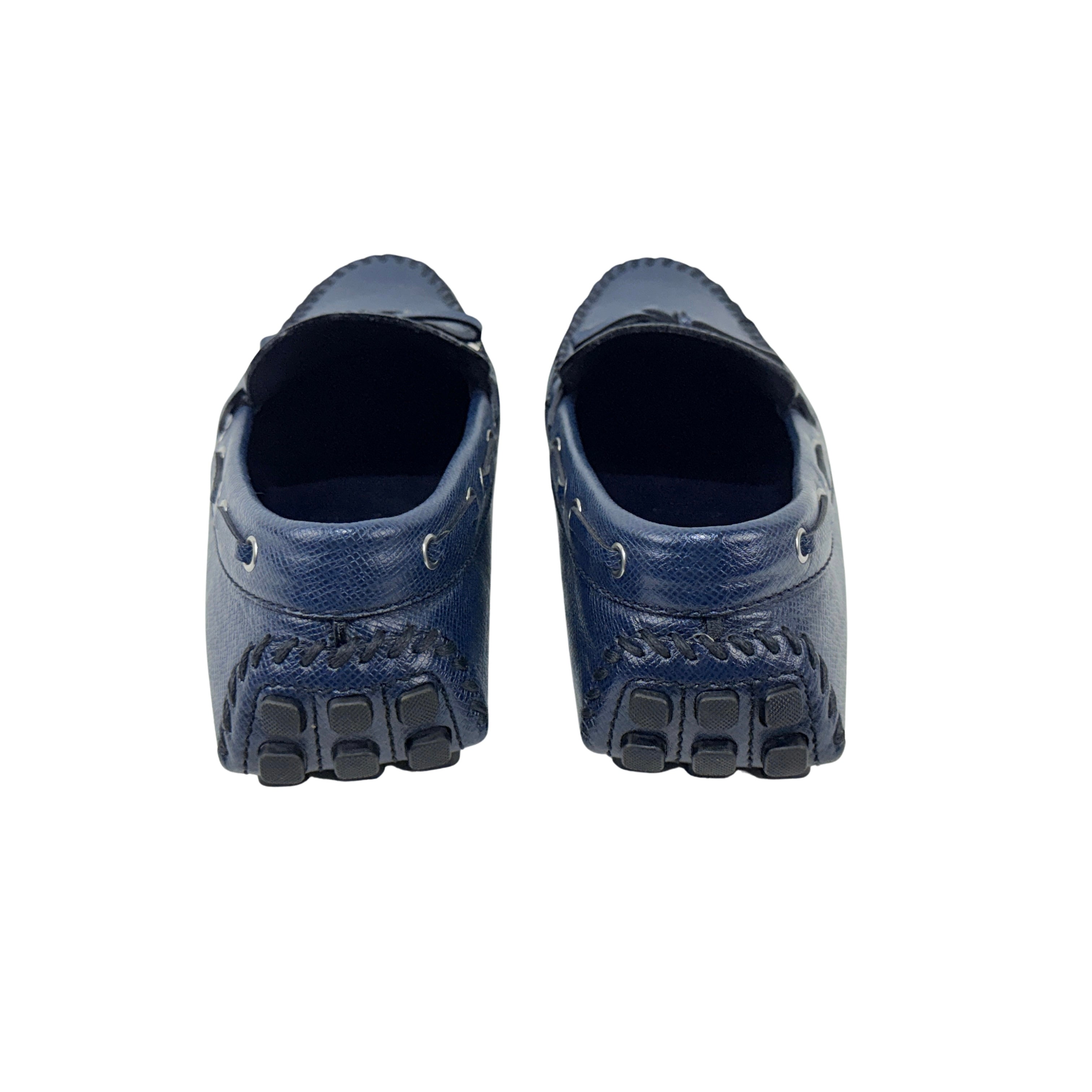 LOUIS VUITTON Arizona Driving/Loafer/Moccasins Navy Blue Taiga Leather Silver Hardware (Size 44)