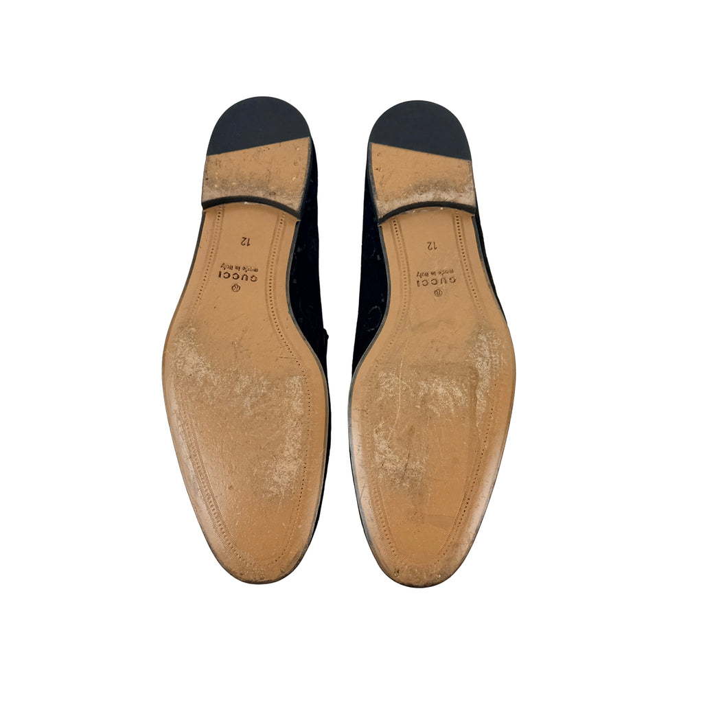 GUCCI New Jordan Horsebit Leather-Trimmed Logo Embroidered-Black Velvet Loafers/Moccasins (Size 46)
