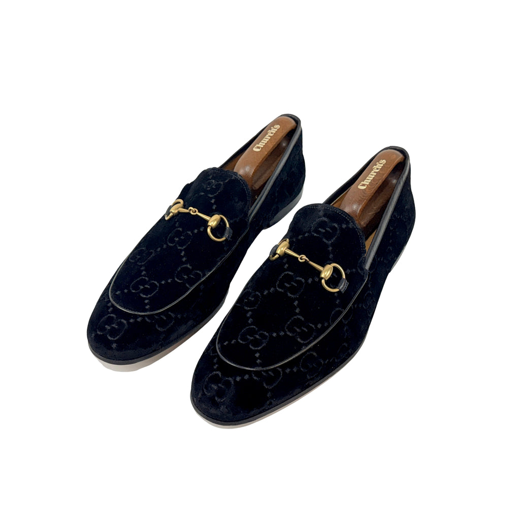 GUCCI New Jordan Horsebit Leather-Trimmed Logo Embroidered-Black Velvet Loafers/Moccasins (Size 46)
