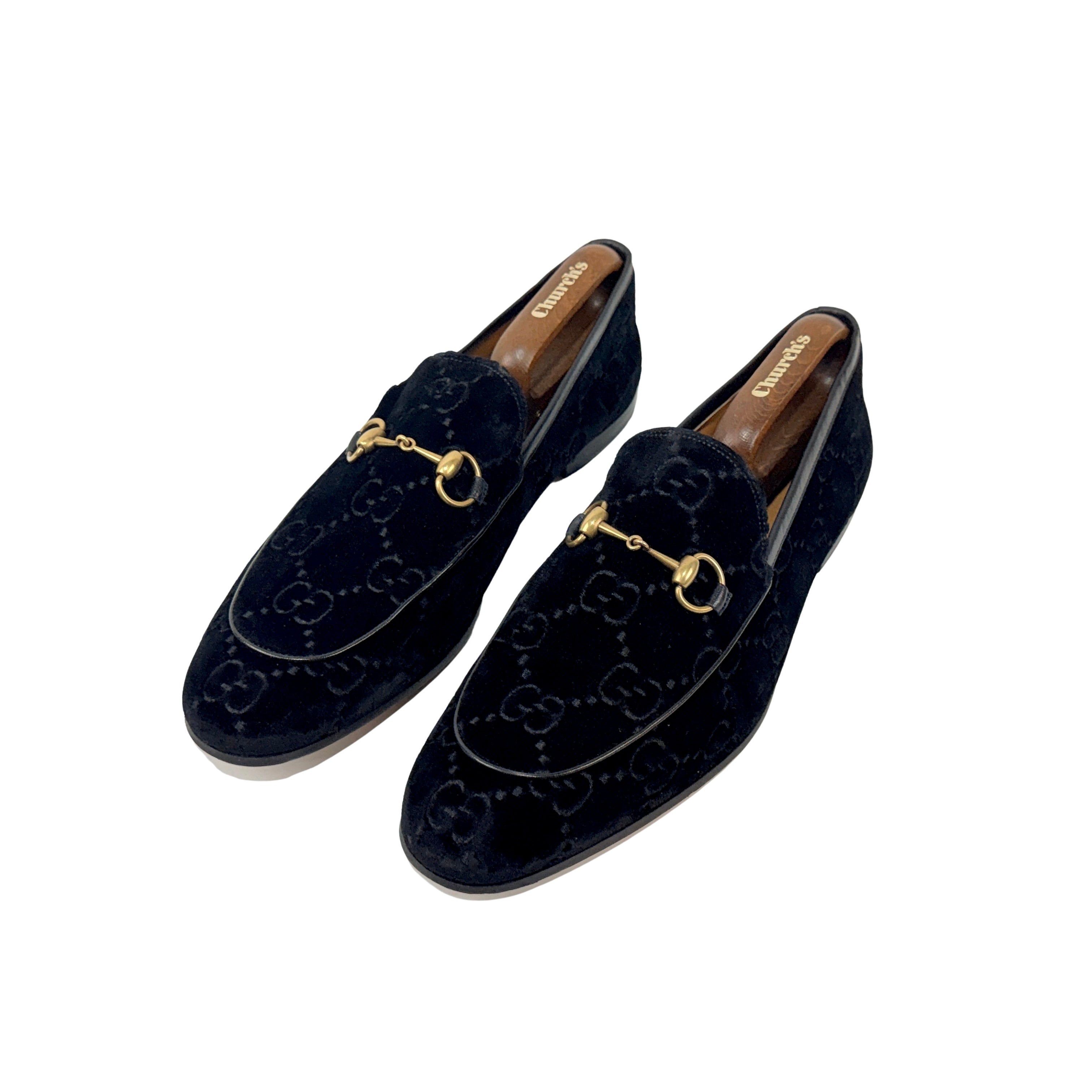 GUCCI New Jordan Horsebit Leather-Trimmed Logo Embroidered-Black Velvet Loafers/Moccasins (Size 46)