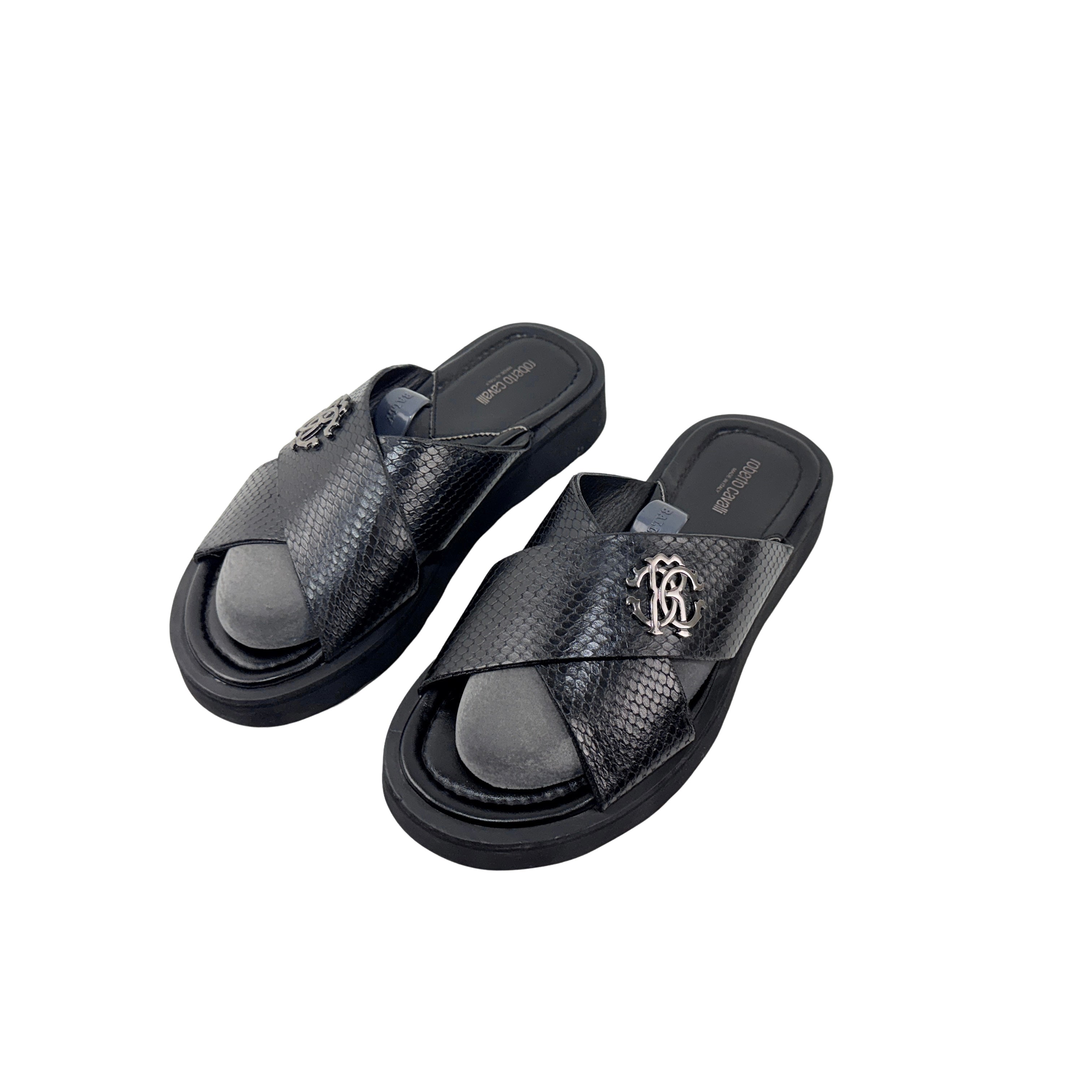 ROBERTO CAVALLI Men’s Black Snakeskin Leather Slippers/sandals/Slides (Size 42)