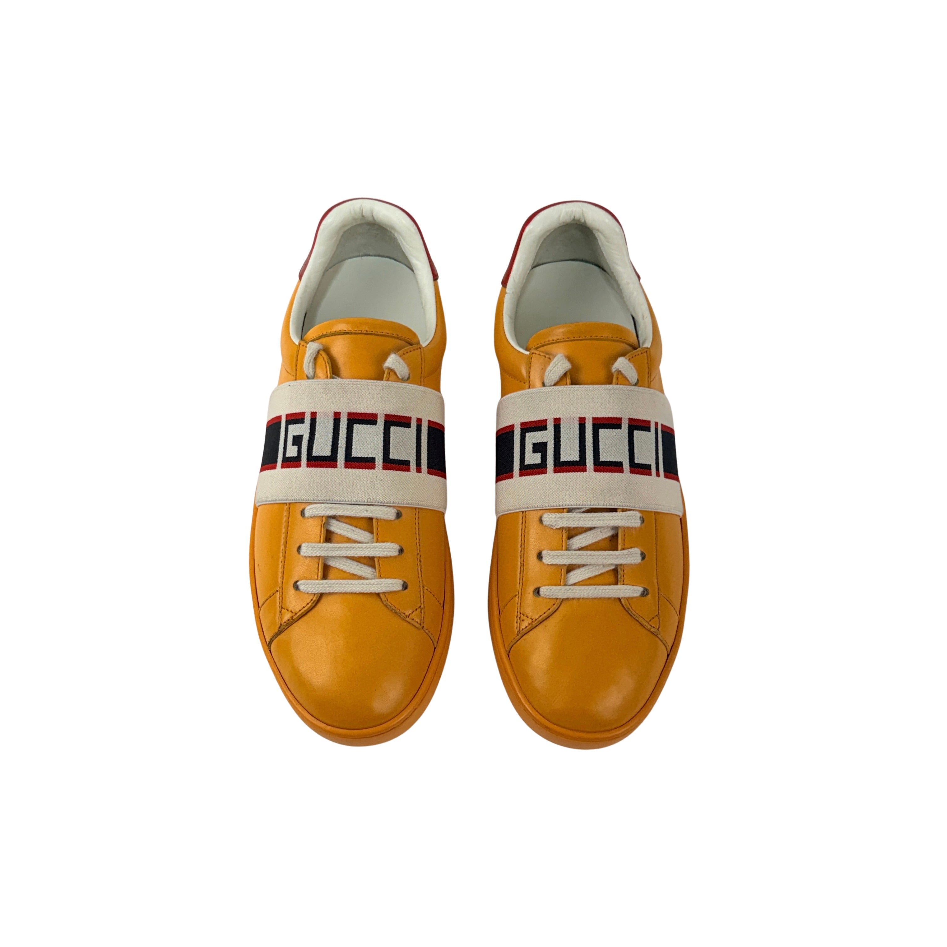GUCCI Mens Yellow New Ace Elastic Band Leather Flat Low Top Lace Sneakers (Size 41)