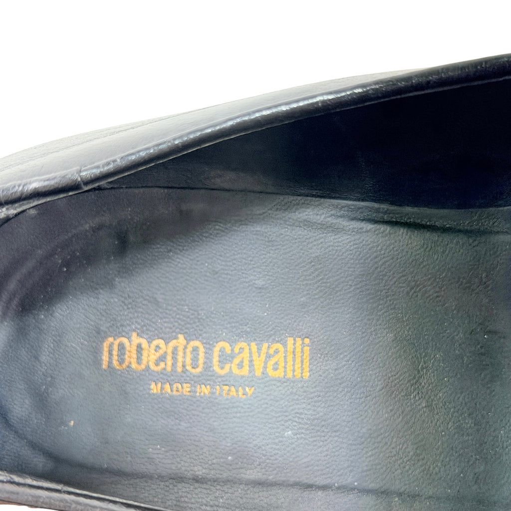 ROBERTO CAVALLI Men’s Black Leather With RC Monogram Loafers/Moccasins(Size 43)