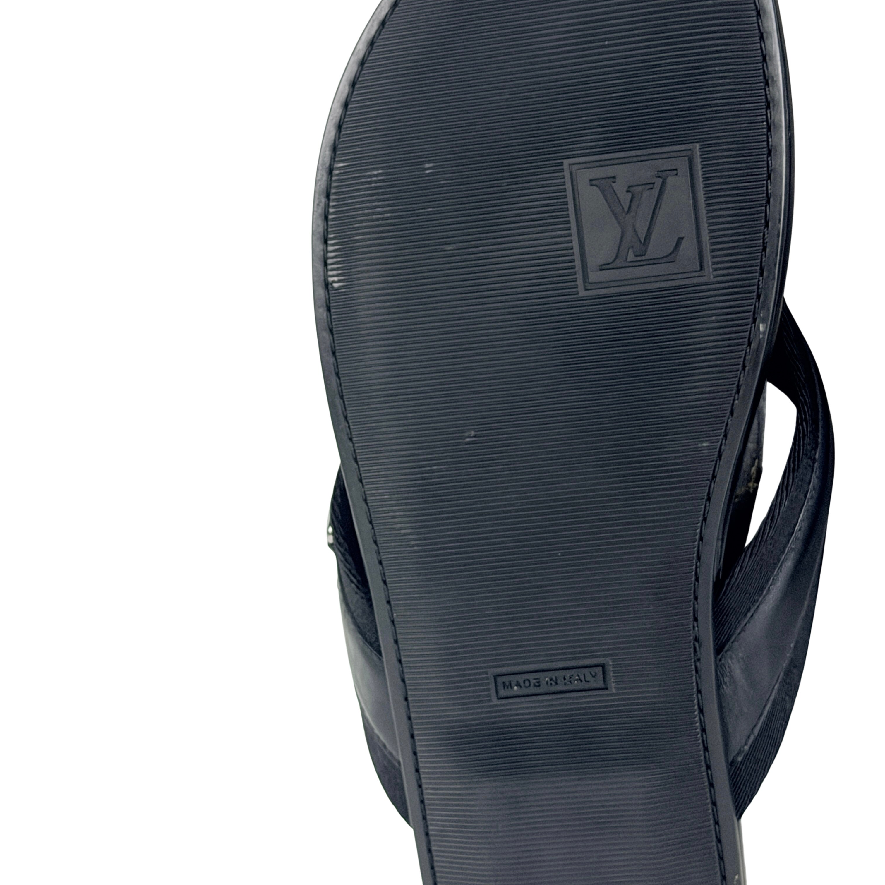 LOUIS VUITTON Black Leather & Canvas Straps Thong Sandals/Slipers/Slides (Size 44)