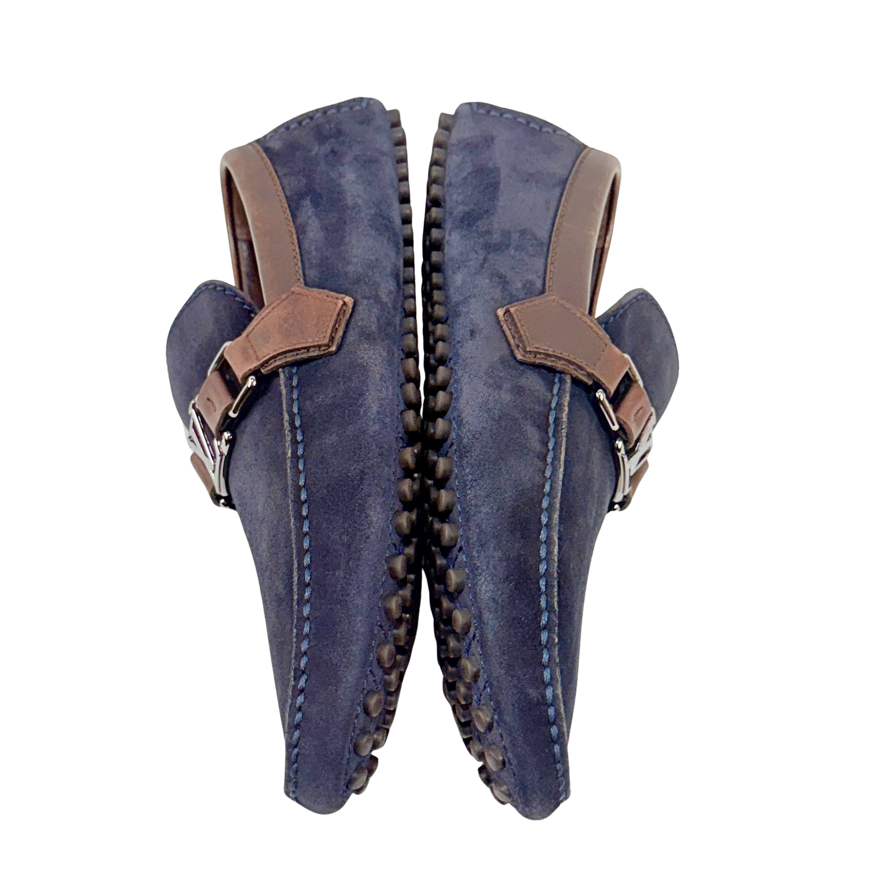 LOUIS VUITTON Hockenheim Loafers/Moccasins in navy blue suede with brown leather (Size 42)
