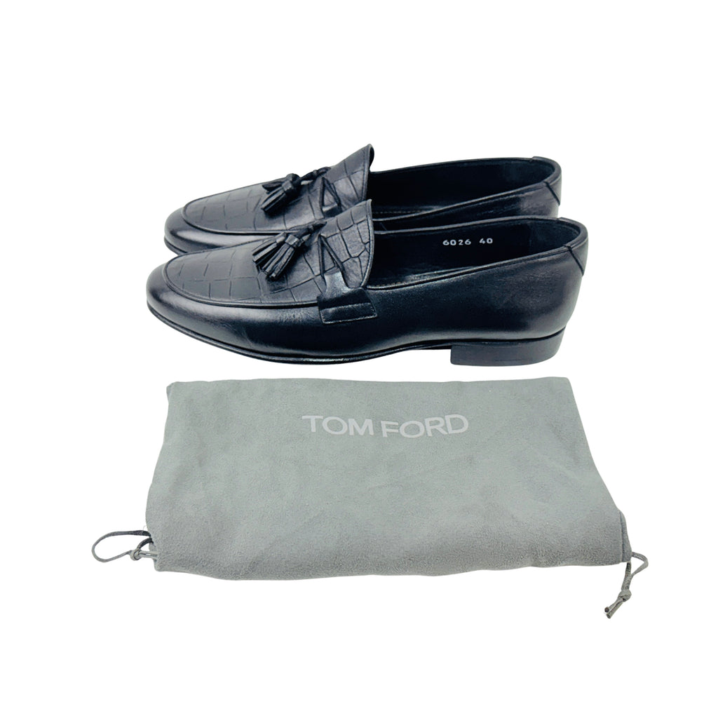 TOM FORD Tassel Loafers/Moccasins Crafted From Black Embossed Leather (Size 40)