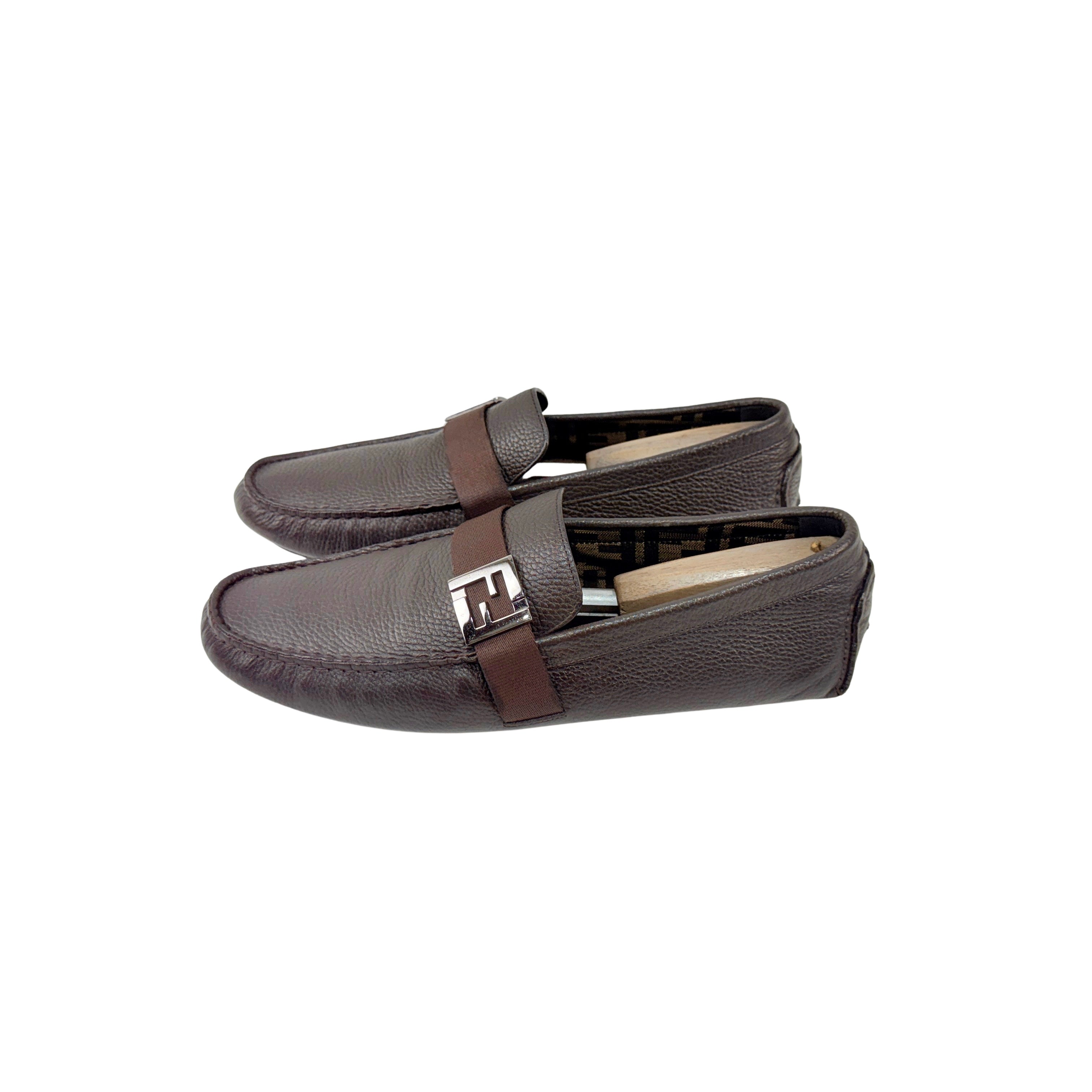 FENDI Men's Brown FF Metal Logo Loafers/Moccasins (Size 43)