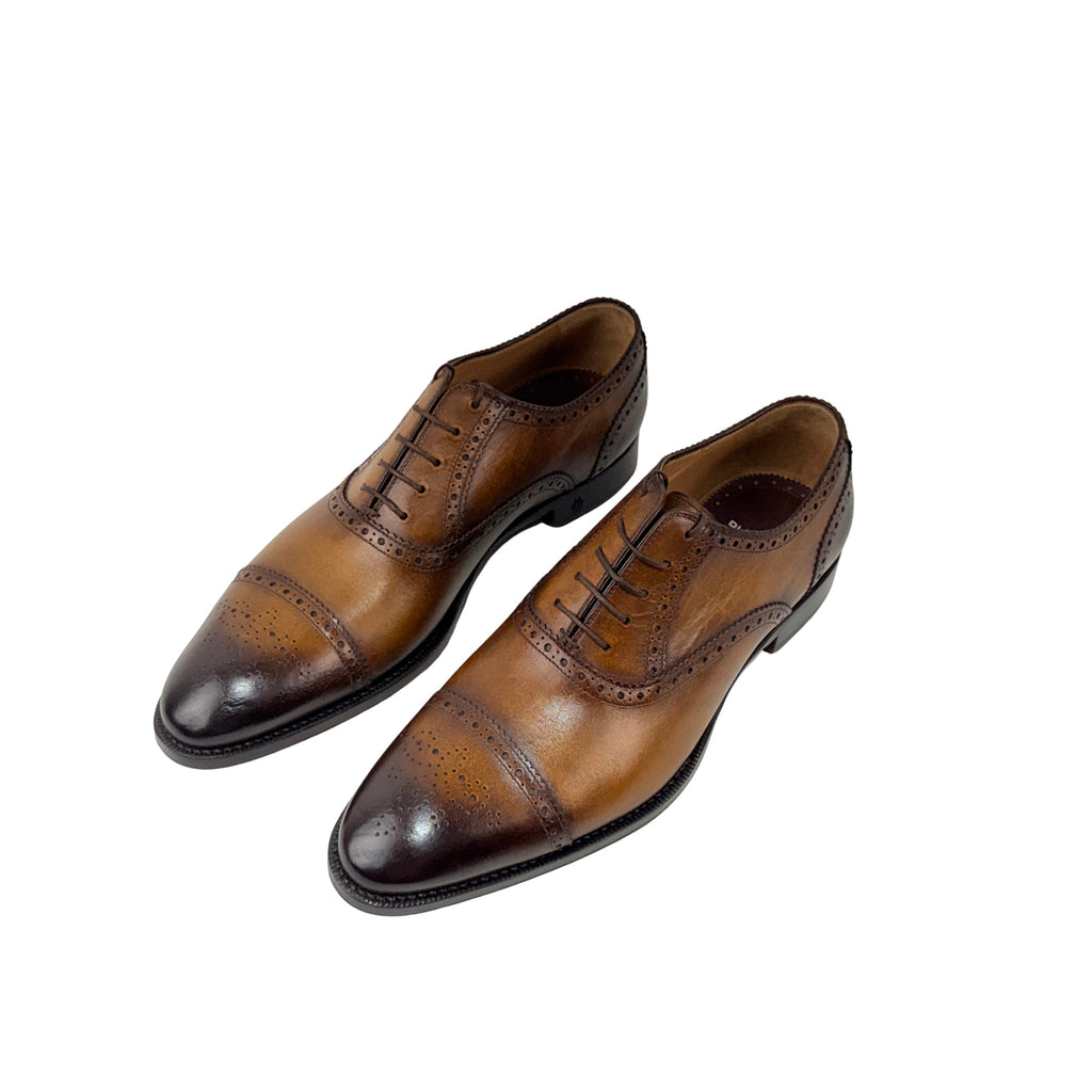 DI BIANCO Oxford/Derby Men's Leather Brogues Dark Tan And Patina Brown Finish(Size 45)