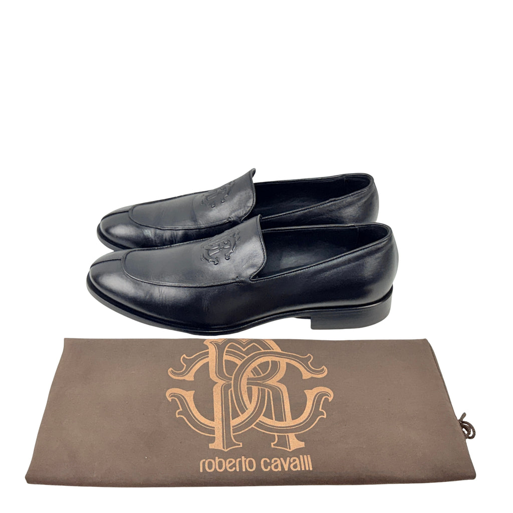 ROBERTO CAVALLI Men’s Black Leather With RC Monogram Loafers/Moccasins(Size 43)