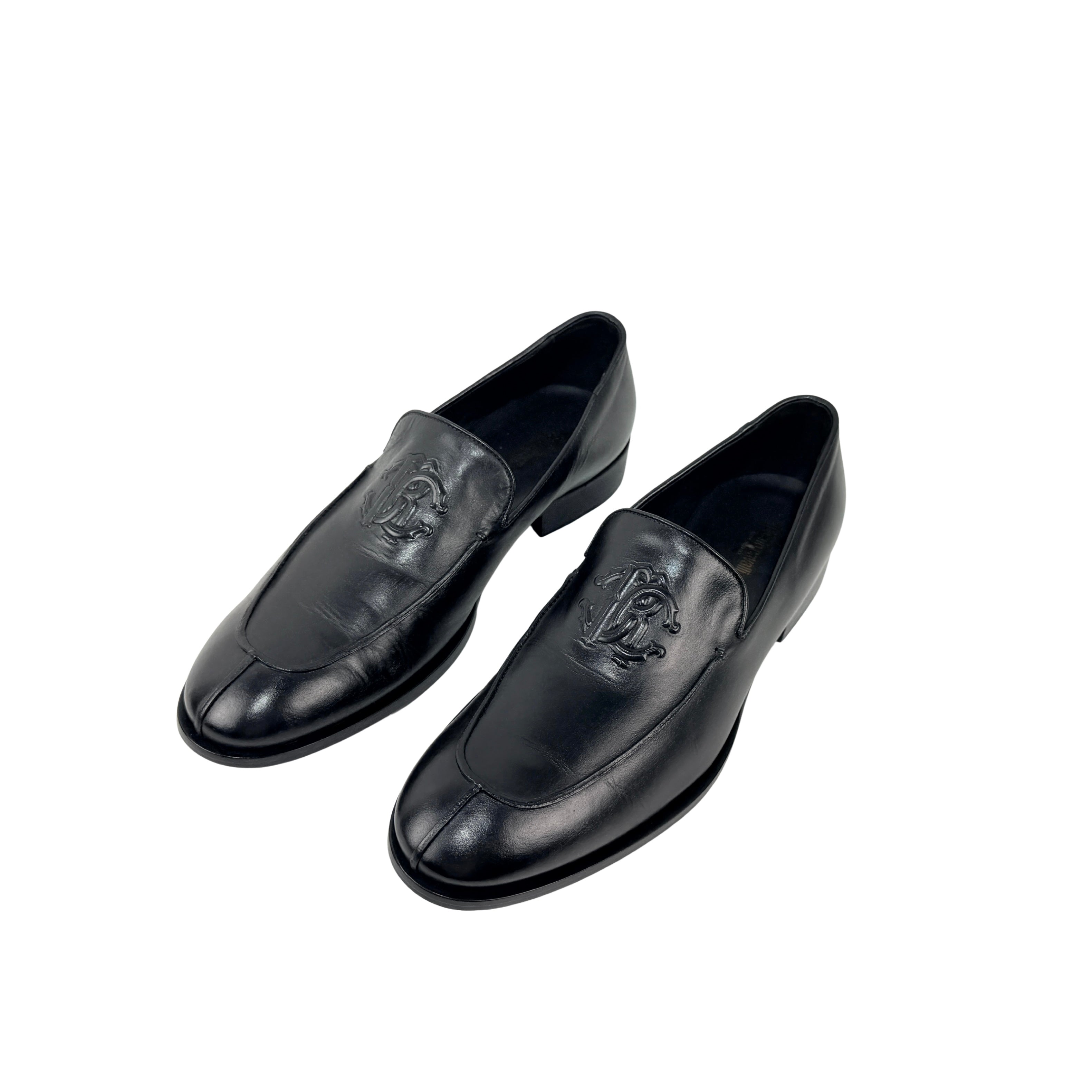 ROBERTO CAVALLI Men’s Black Leather With RC Monogram Loafers/Moccasins(Size 43)