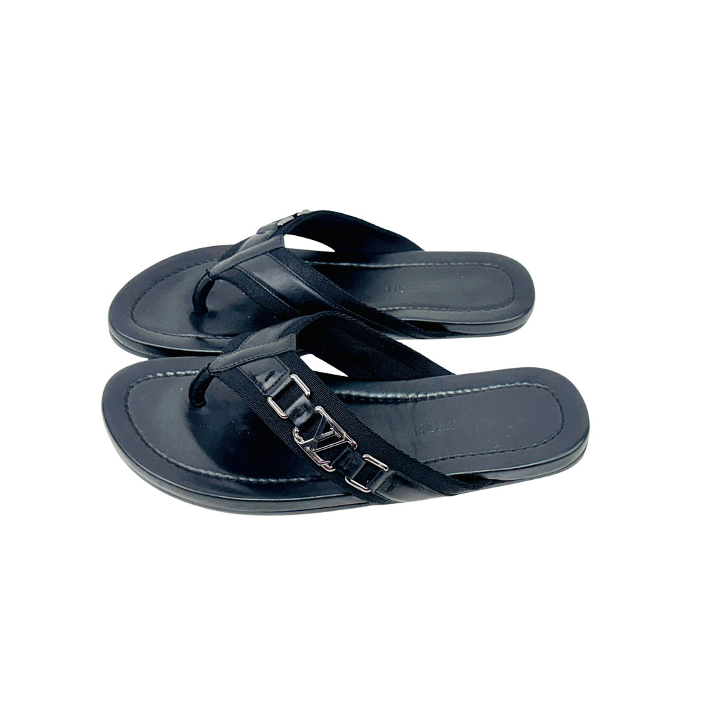 LOUIS VUITTON Black Leather & Canvas Straps Thong Sandals/Slipers/Slides (Size 44)