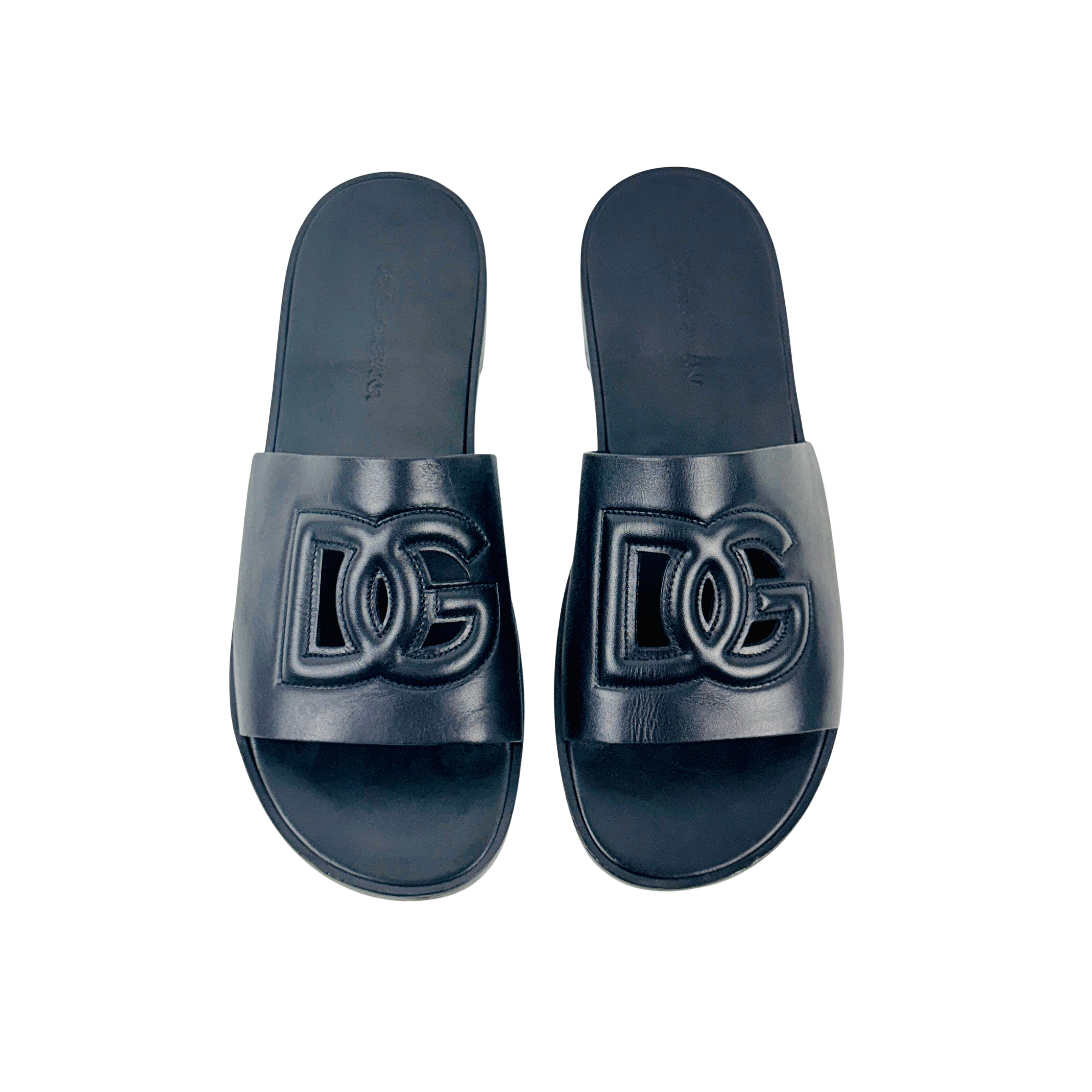 DOLCE & GABBANA 3D DG Logo Black Leather Slippers/Slides/Sandles (Size 44)
