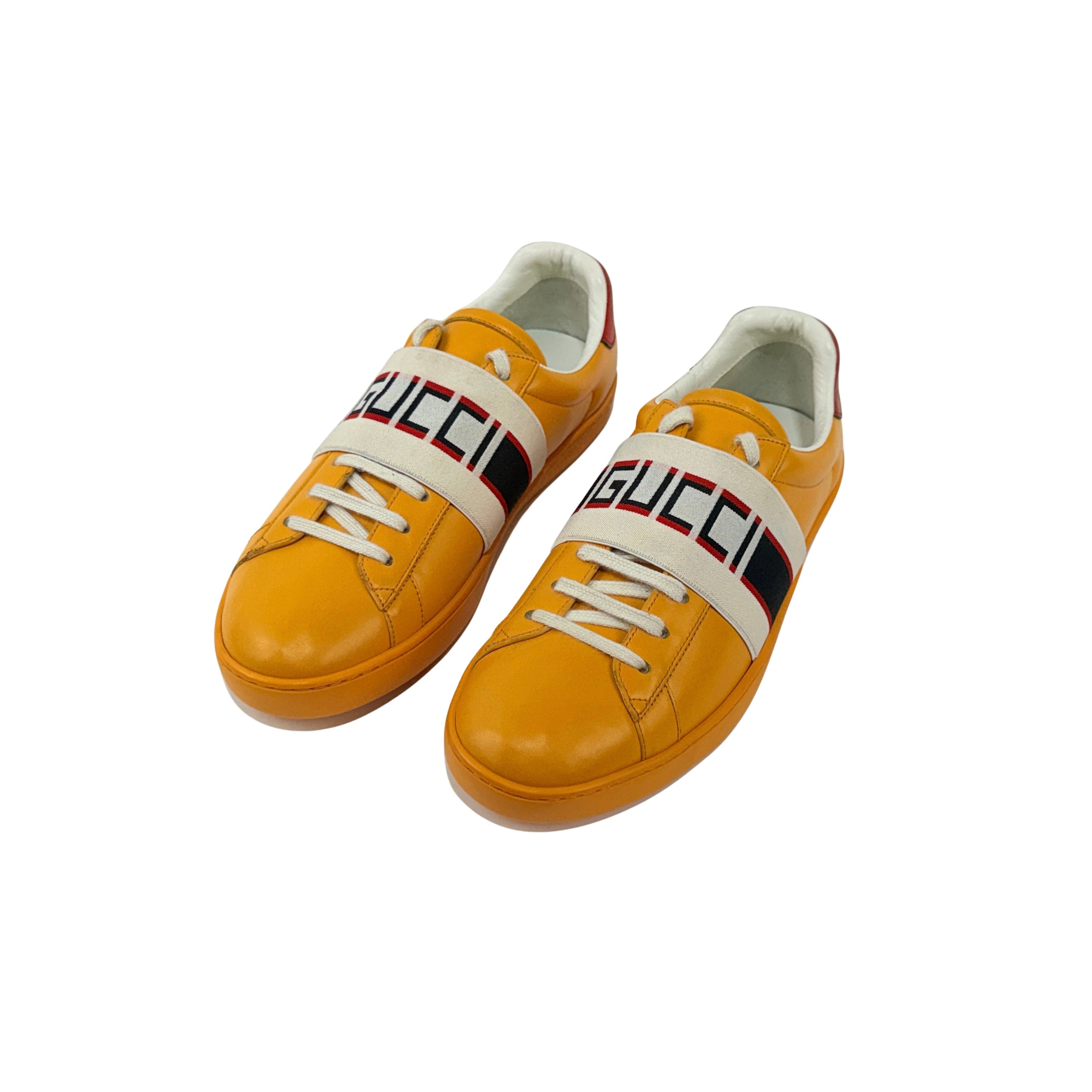 GUCCI Mens Yellow New Ace Elastic Band Leather Flat Low Top Lace Sneakers (Size 41)