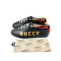 GUCCI Guccy Falacer Gold Star Print Black Leather Sneakers/Lace Up (Size 42)