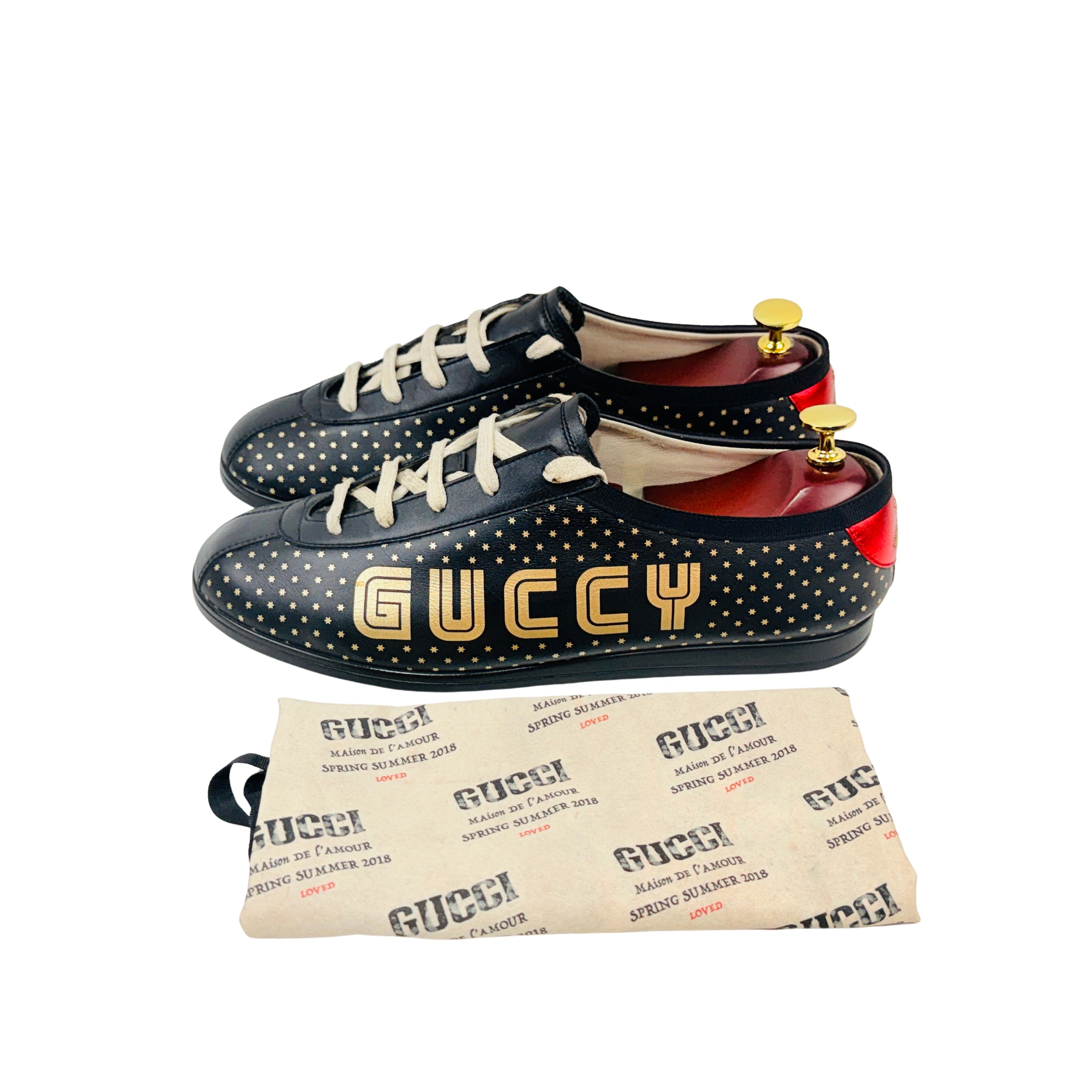 GUCCI Guccy Falacer Gold Star Print Black Leather Sneakers/Lace Up (Size 42)
