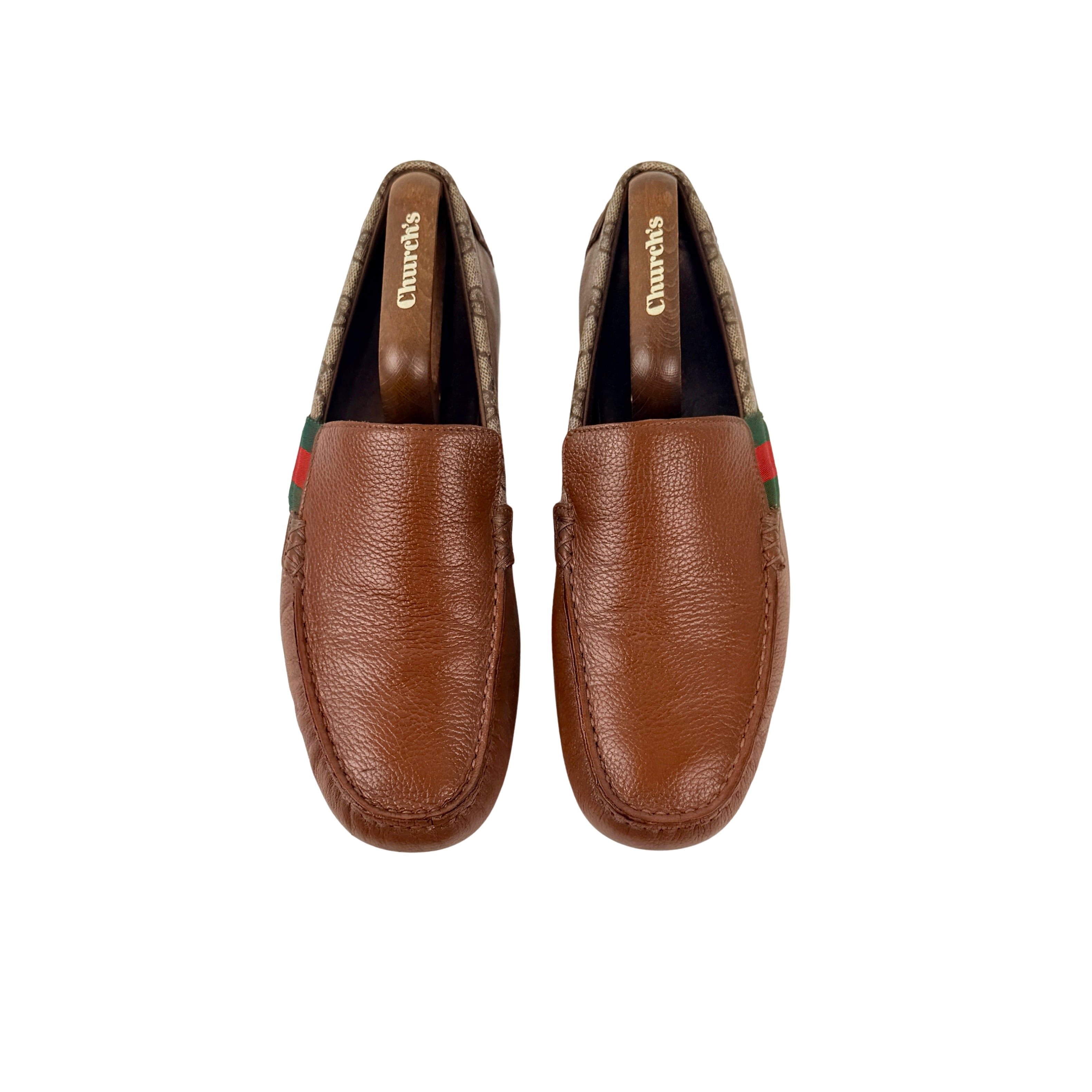 GUCCI Brown Leather And GG Coated Canvas Web Detail Slip On Loafers/Moccasins (Size 42)