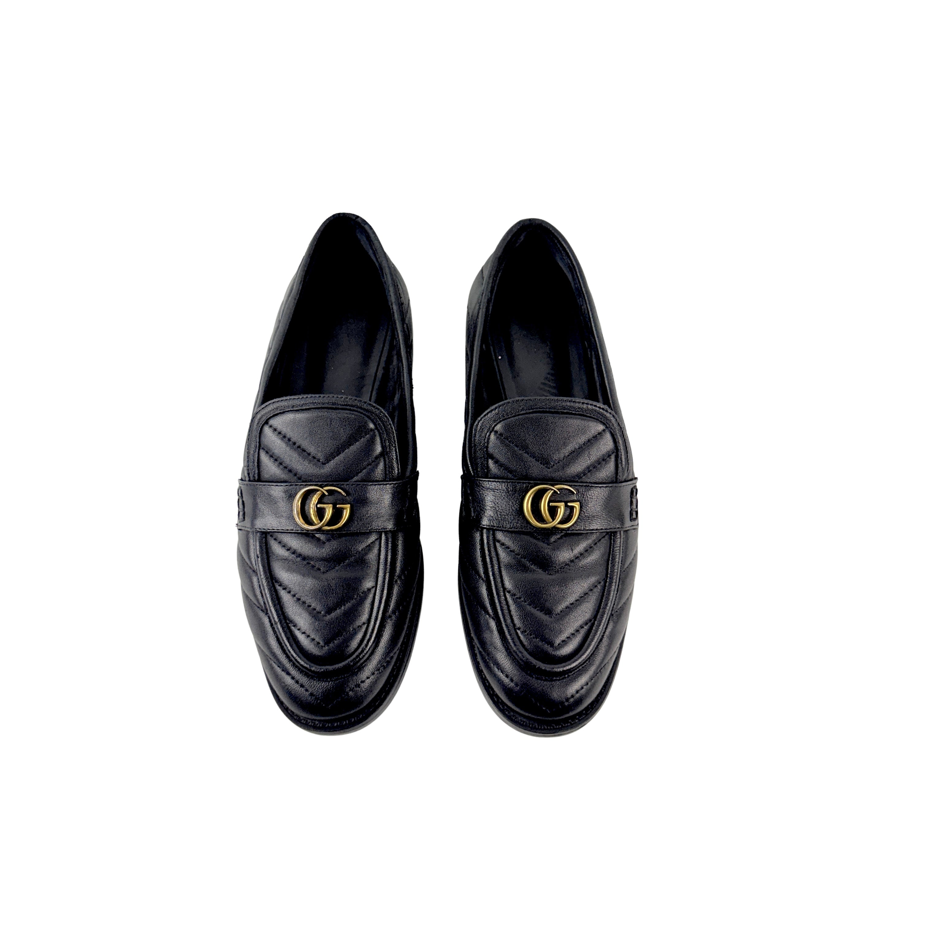 GUCCI Quilted Leather Loafers/Moccasins In Black Double G Logo (Size 39/40)