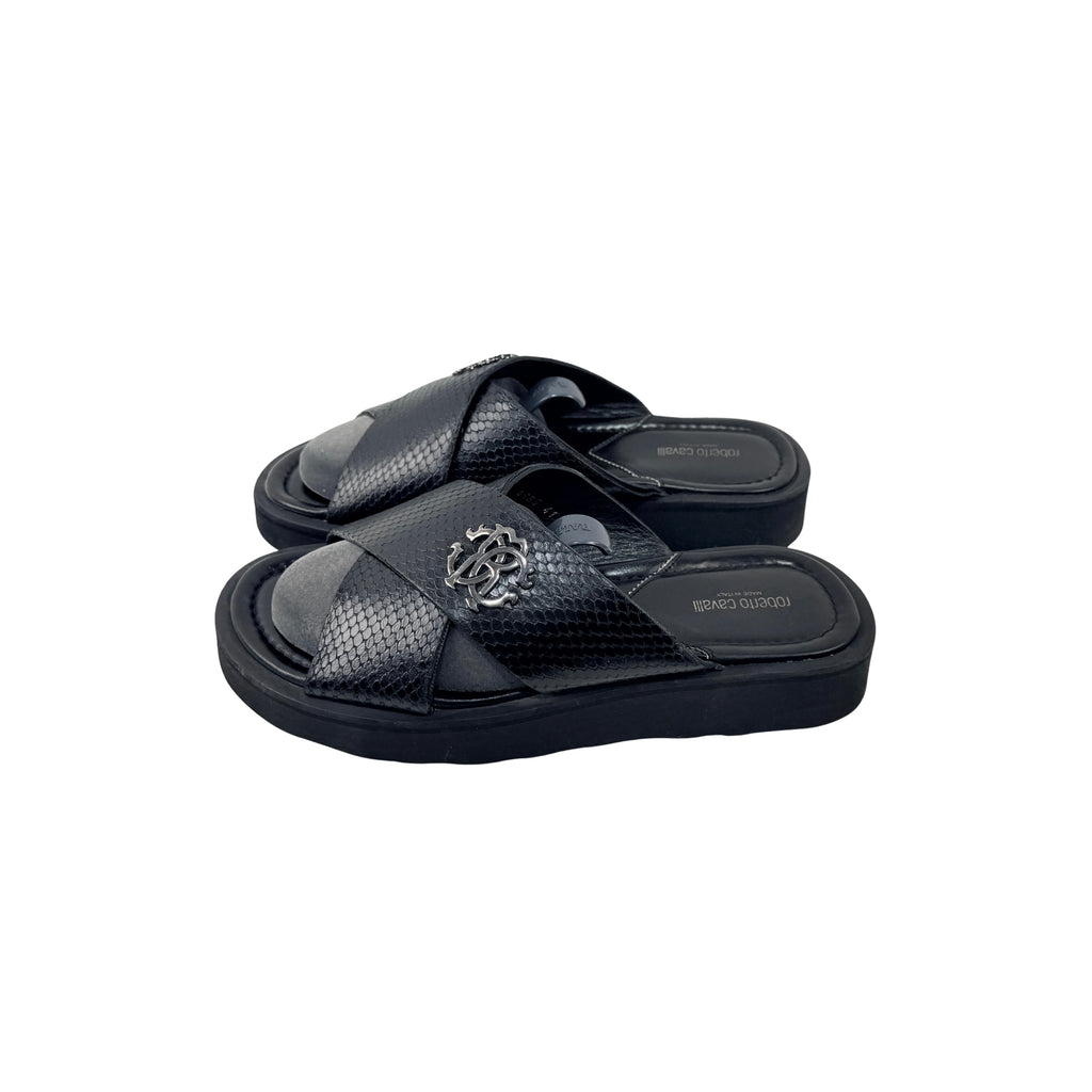 ROBERTO CAVALLI Men’s Black Snakeskin Leather Slippers/sandals/Slides (Size 42)