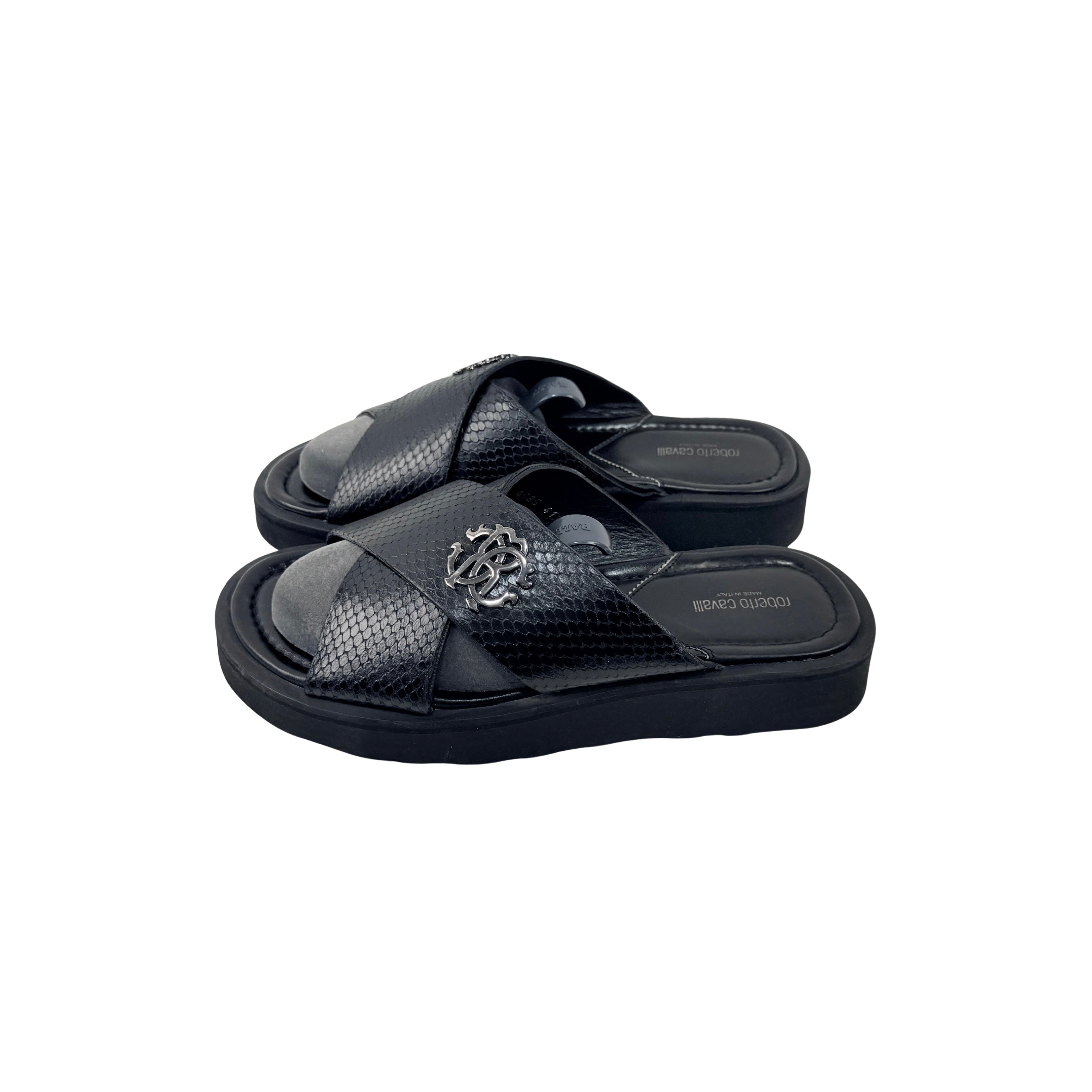 ROBERTO CAVALLI Men’s Black Snakeskin Leather Slippers/sandals/Slides (Size 42)