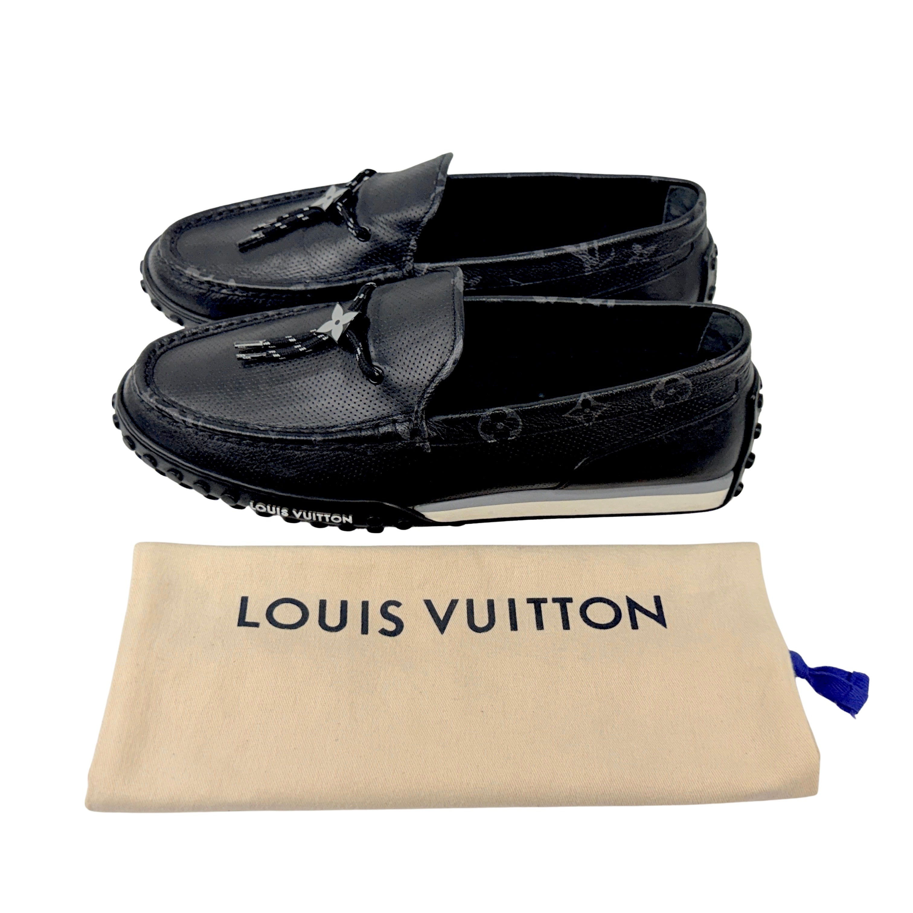 LOUIS VUITTON LV Racer Moccasins/Loafers (Size 45) crafted from supple, perforated calf leather with coordinating Monogram-canvas