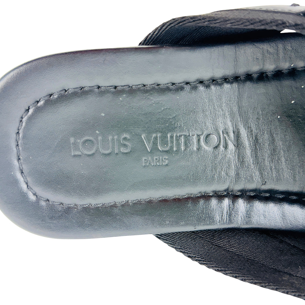 LOUIS VUITTON Black Leather & Canvas Straps Thong Sandals/Slipers/Slides (Size 44)