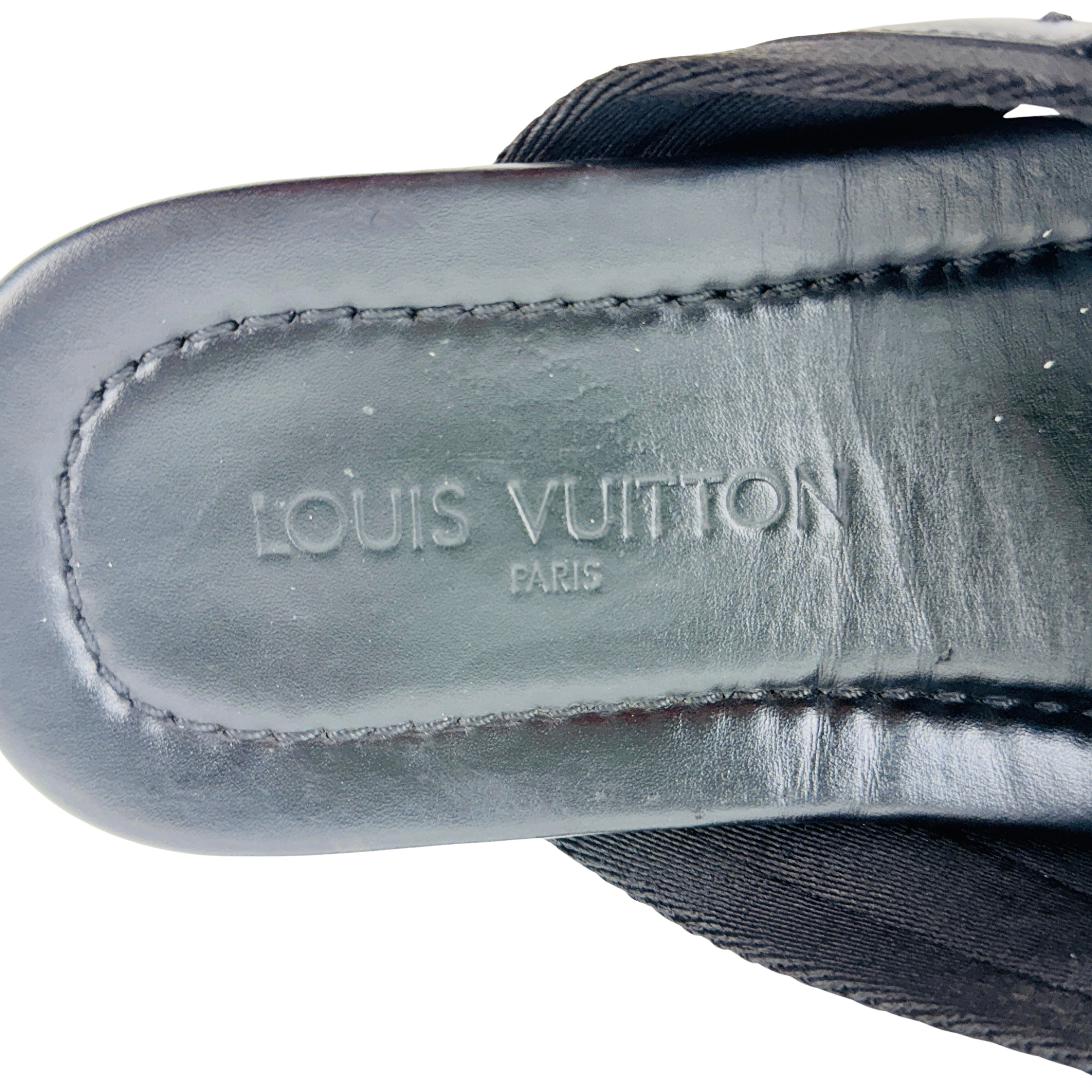 LOUIS VUITTON Black Leather & Canvas Straps Thong Sandals/Slipers/Slides (Size 44)