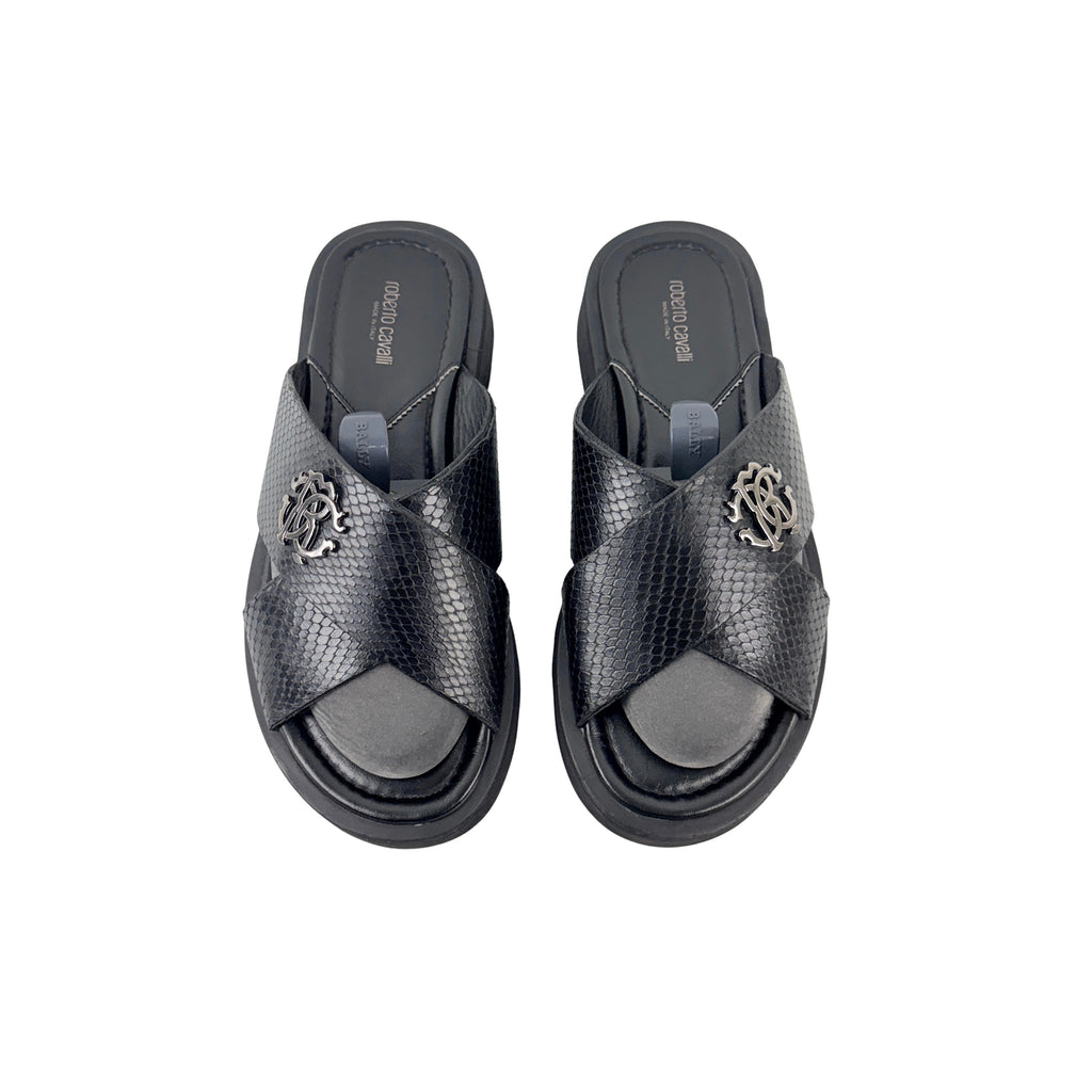 ROBERTO CAVALLI Men’s Black Snakeskin Leather Slippers/sandals/Slides (Size 42)