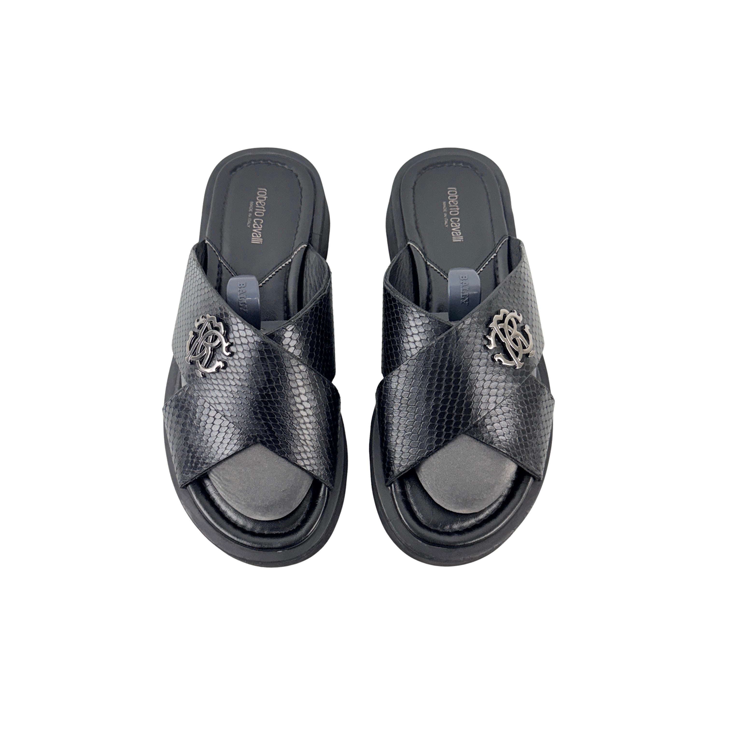 ROBERTO CAVALLI Men’s Black Snakeskin Leather Slippers/sandals/Slides (Size 42)