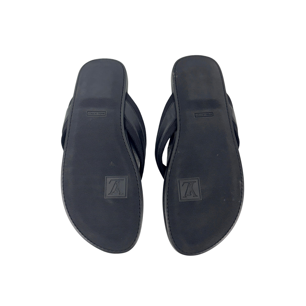LOUIS VUITTON Black Leather & Canvas Straps Thong Sandals/Slipers/Slides (Size 44)