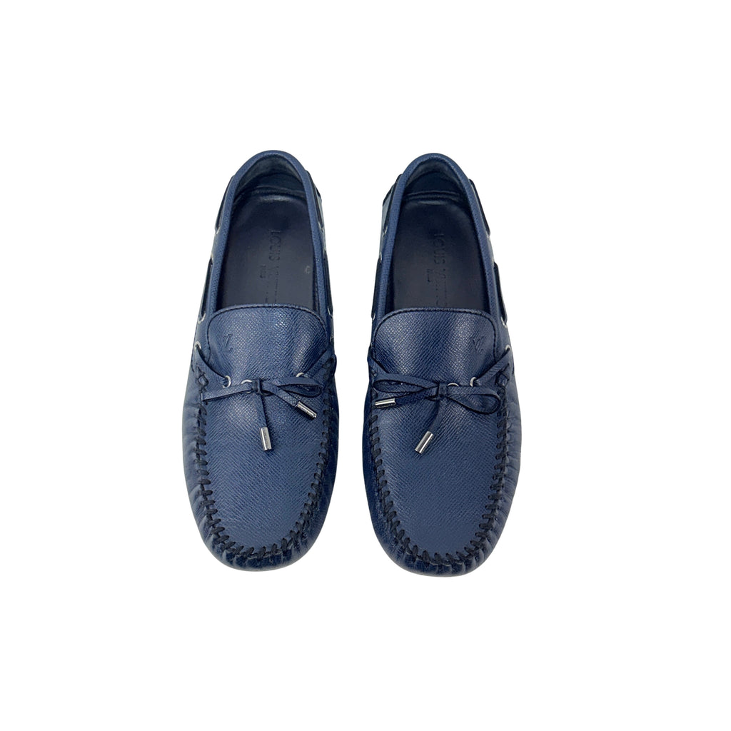 LOUIS VUITTON Arizona Driving/Loafer/Moccasins Navy Blue Taiga Leather Silver Hardware (Size 44)