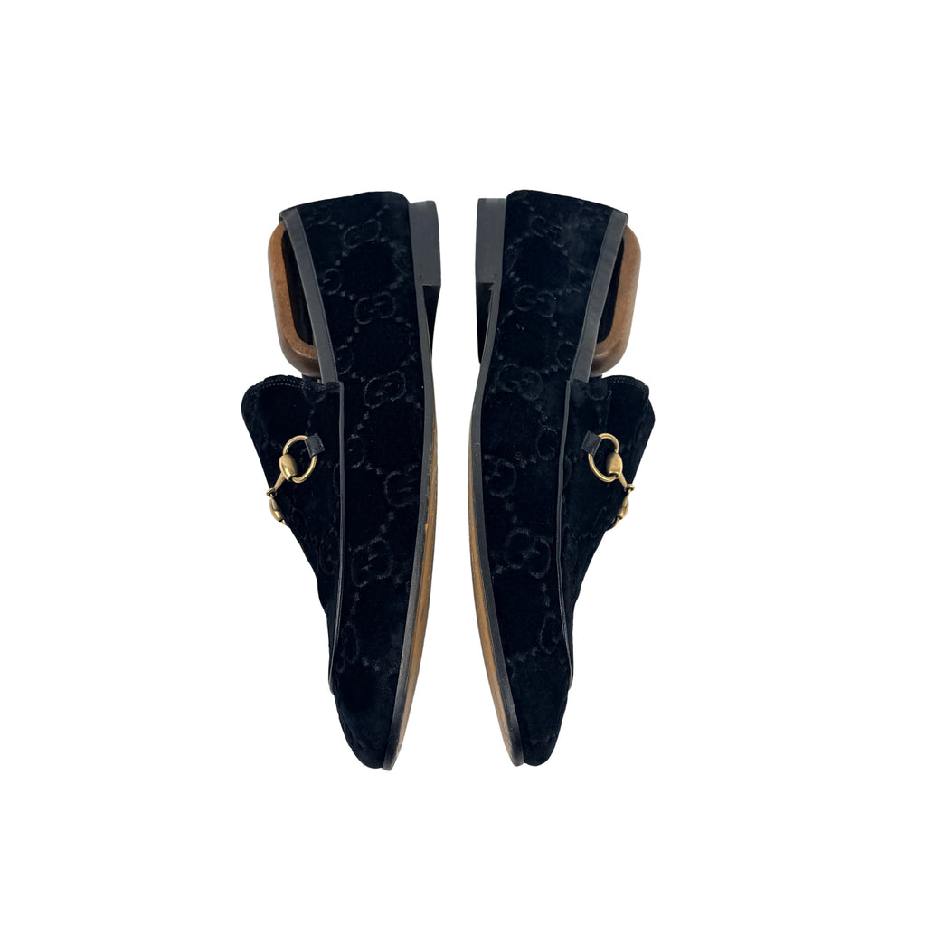 GUCCI New Jordan Horsebit Leather-Trimmed Logo Embroidered-Black Velvet Loafers/Moccasins (Size 46)