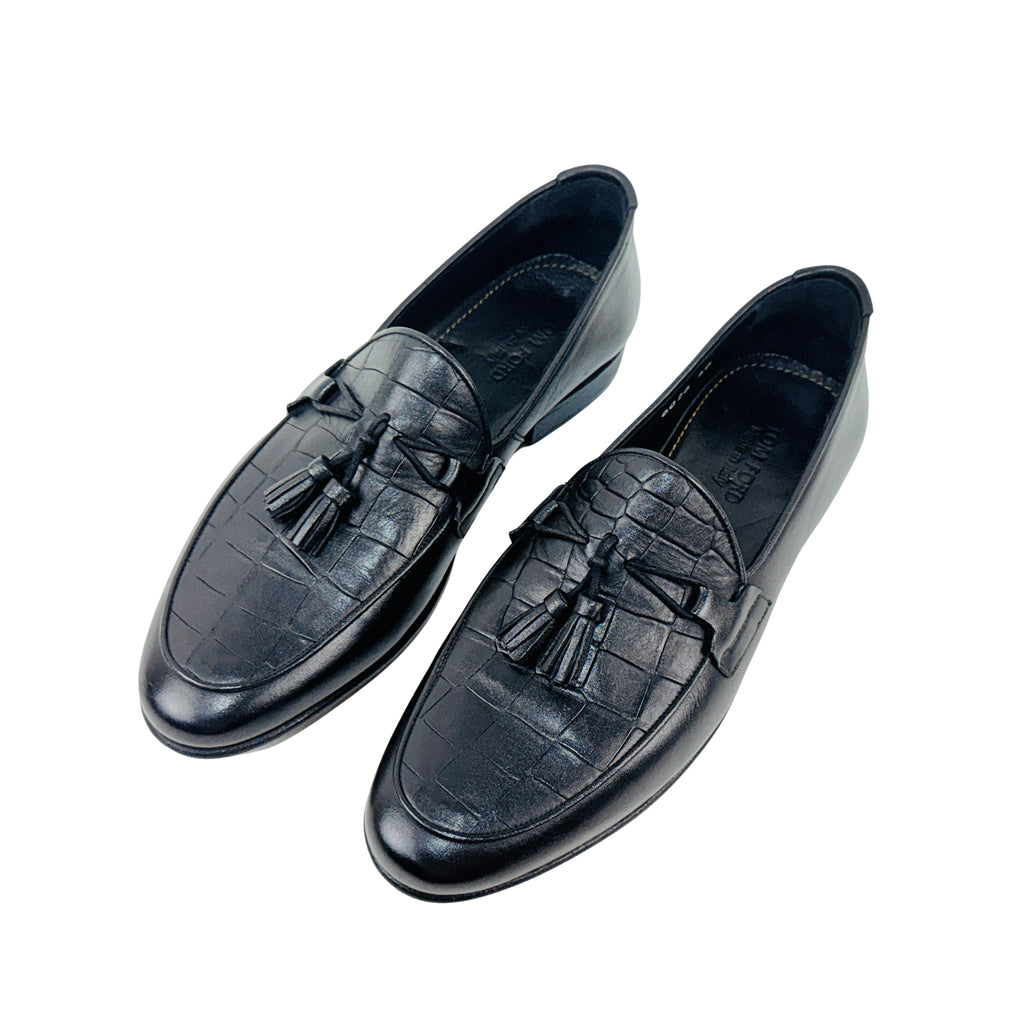 TOM FORD Tassel Loafers/Moccasins Crafted From Black Embossed Leather (Size 40)
