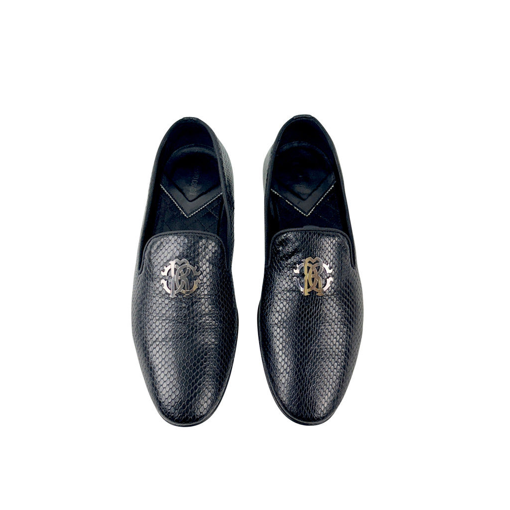 ROBERTO CAVALLI Men's Black Embossed Snakeskin Leather Loafers/Moccasins (Size 44)