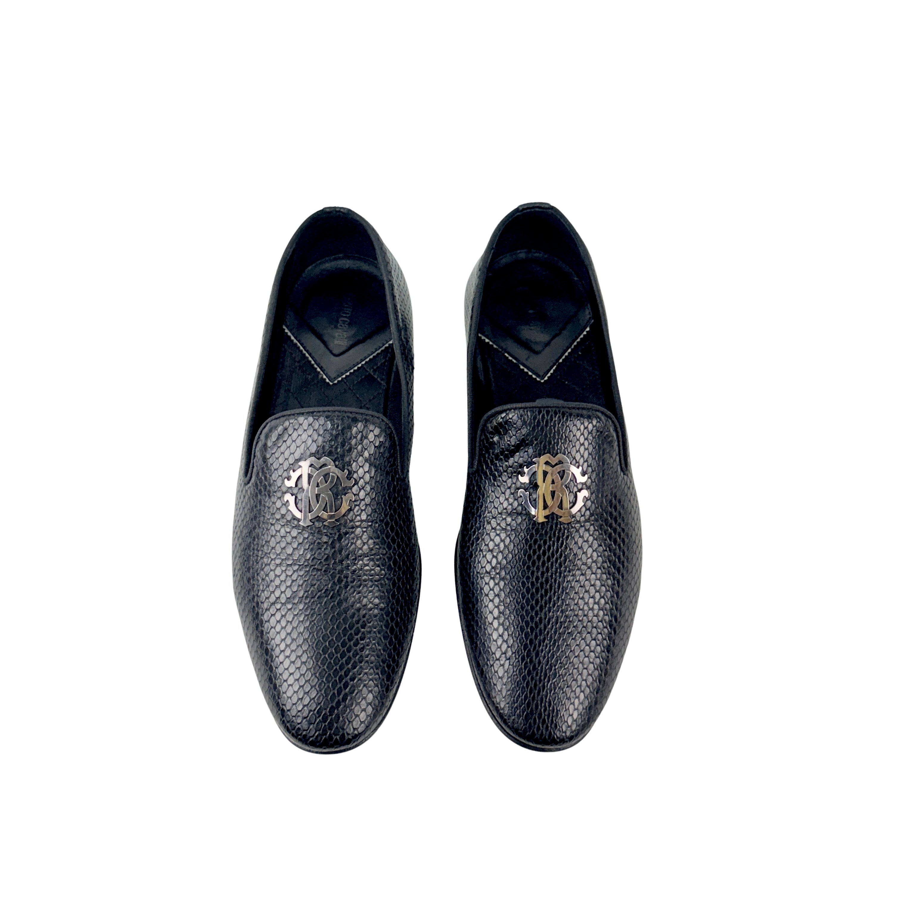 ROBERTO CAVALLI Men's Black Embossed Snakeskin Leather Loafers/Moccasins (Size 44)