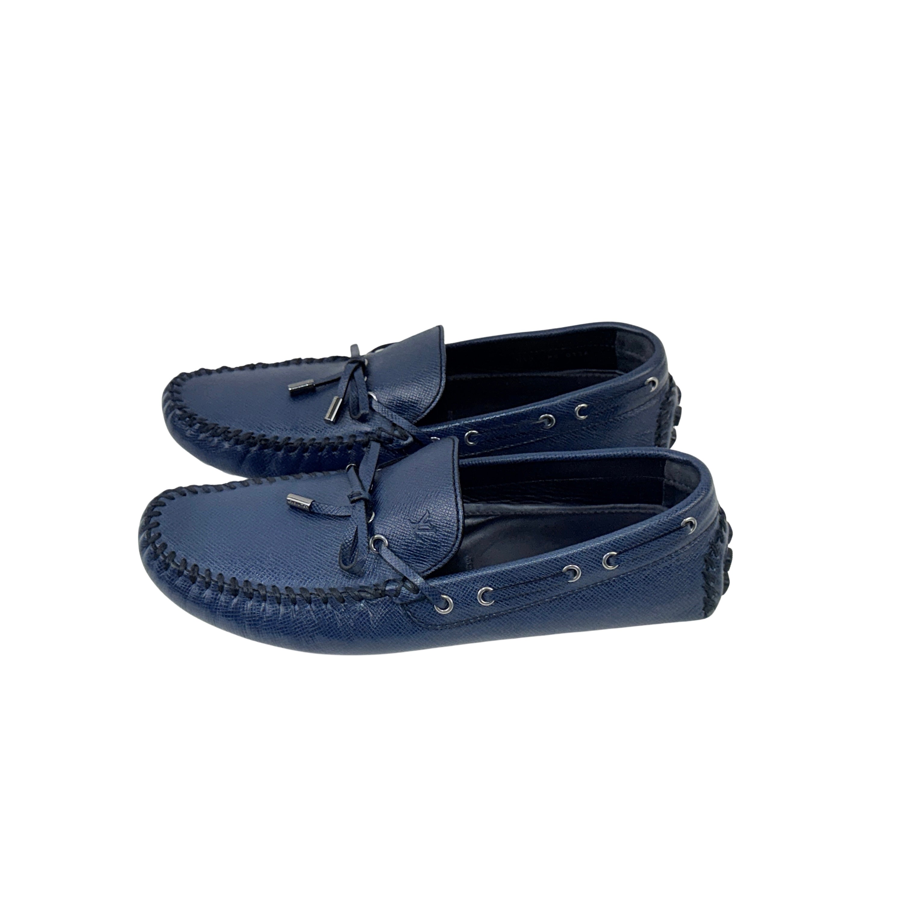 LOUIS VUITTON Arizona Driving/Loafer/Moccasins Navy Blue Taiga Leather Silver Hardware (Size 44)