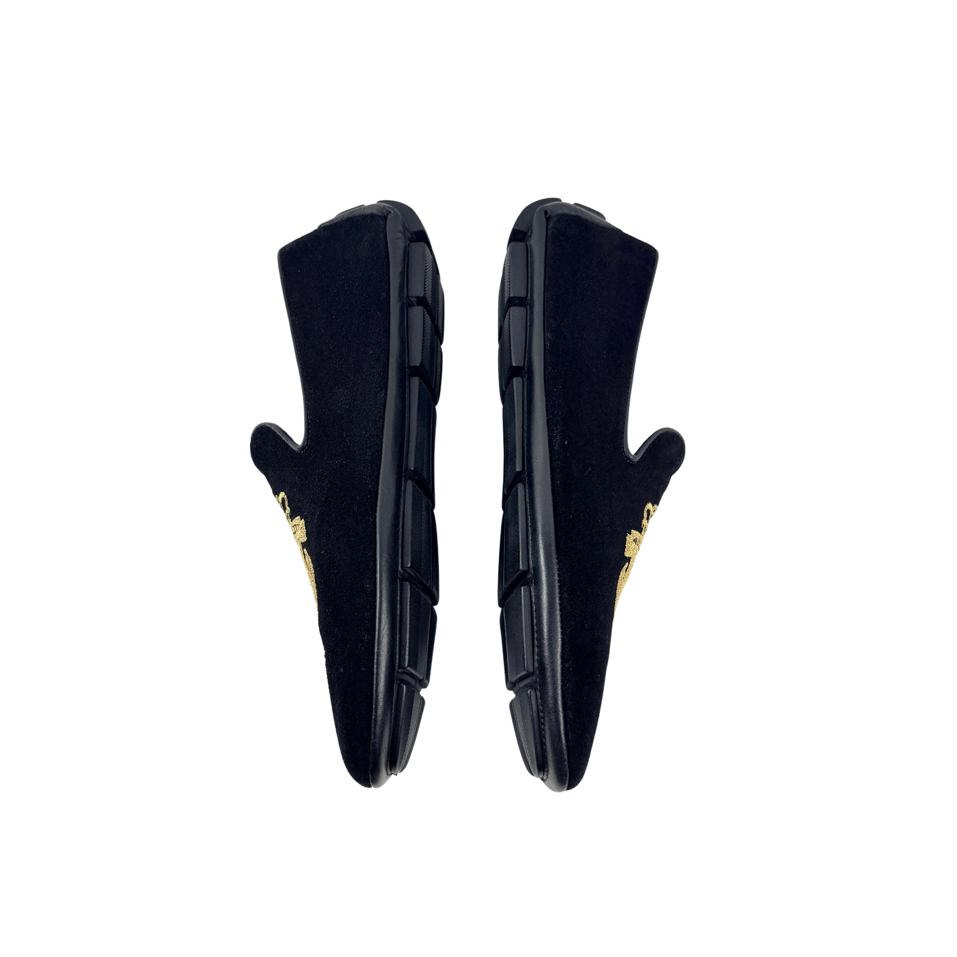 BILLIONAIRE Hand-Embroidered Coat-Of-Arms (Crest) On The Vamp Black Velvet Loafers/Moccasins (Size 41)