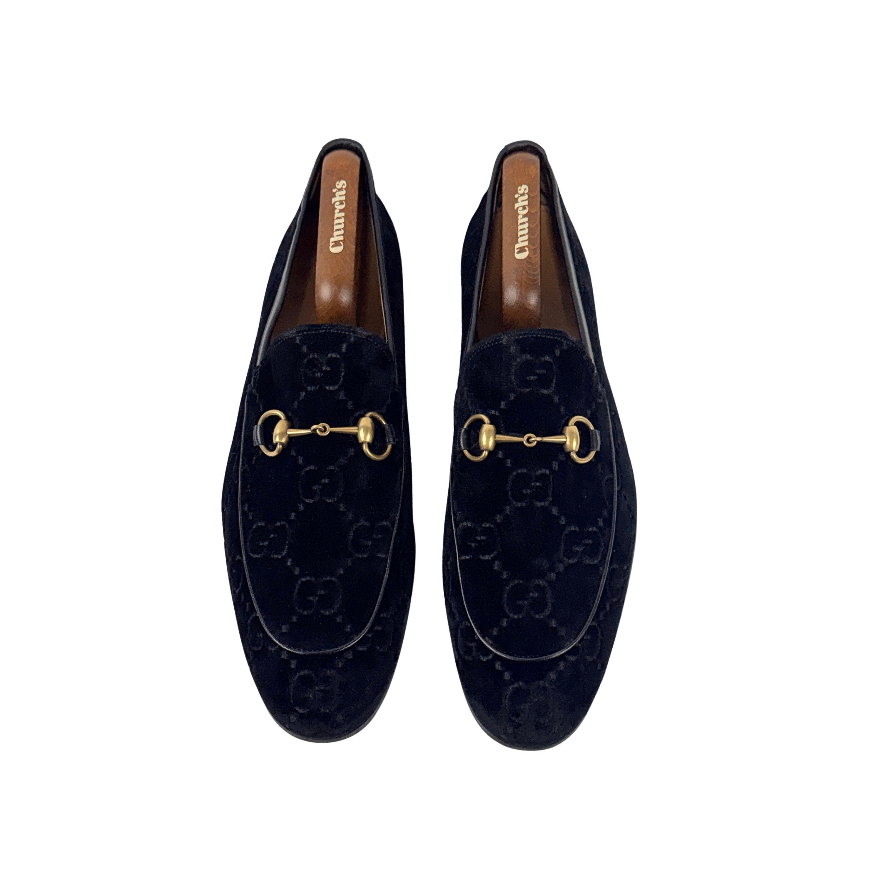GUCCI New Jordan Horsebit Leather-Trimmed Logo Embroidered-Black Velvet Loafers/Moccasins (Size 46)