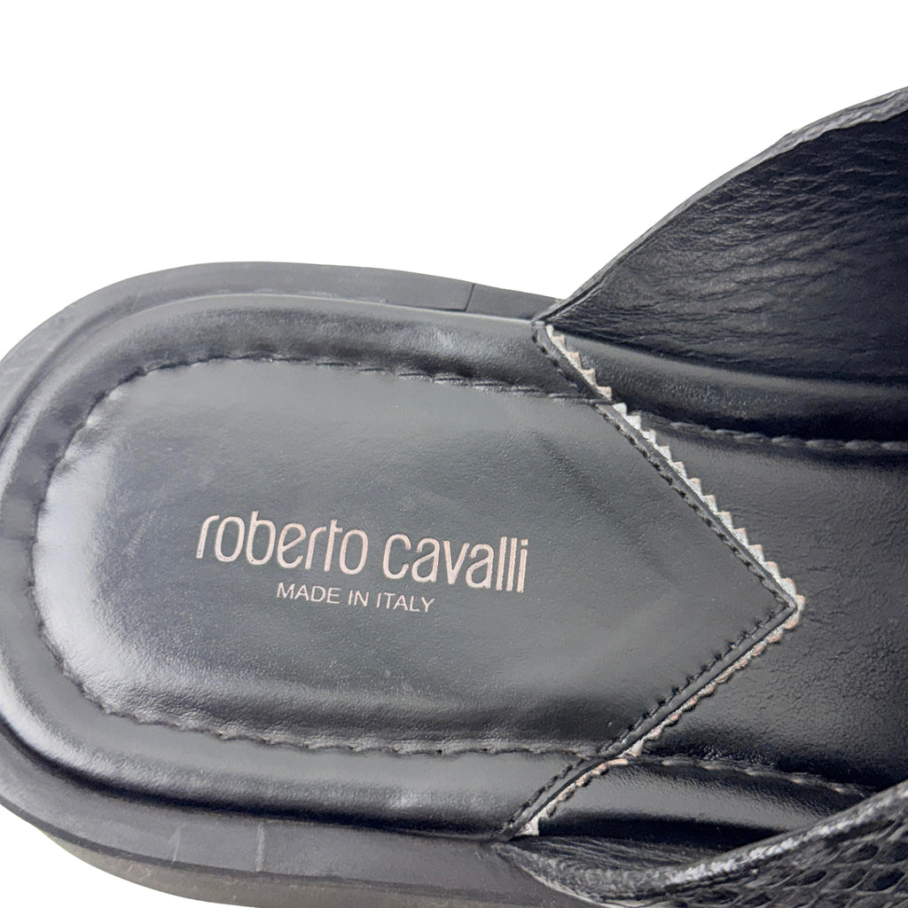 ROBERTO CAVALLI Men’s Black Snakeskin Leather Slippers/sandals/Slides (Size 42)