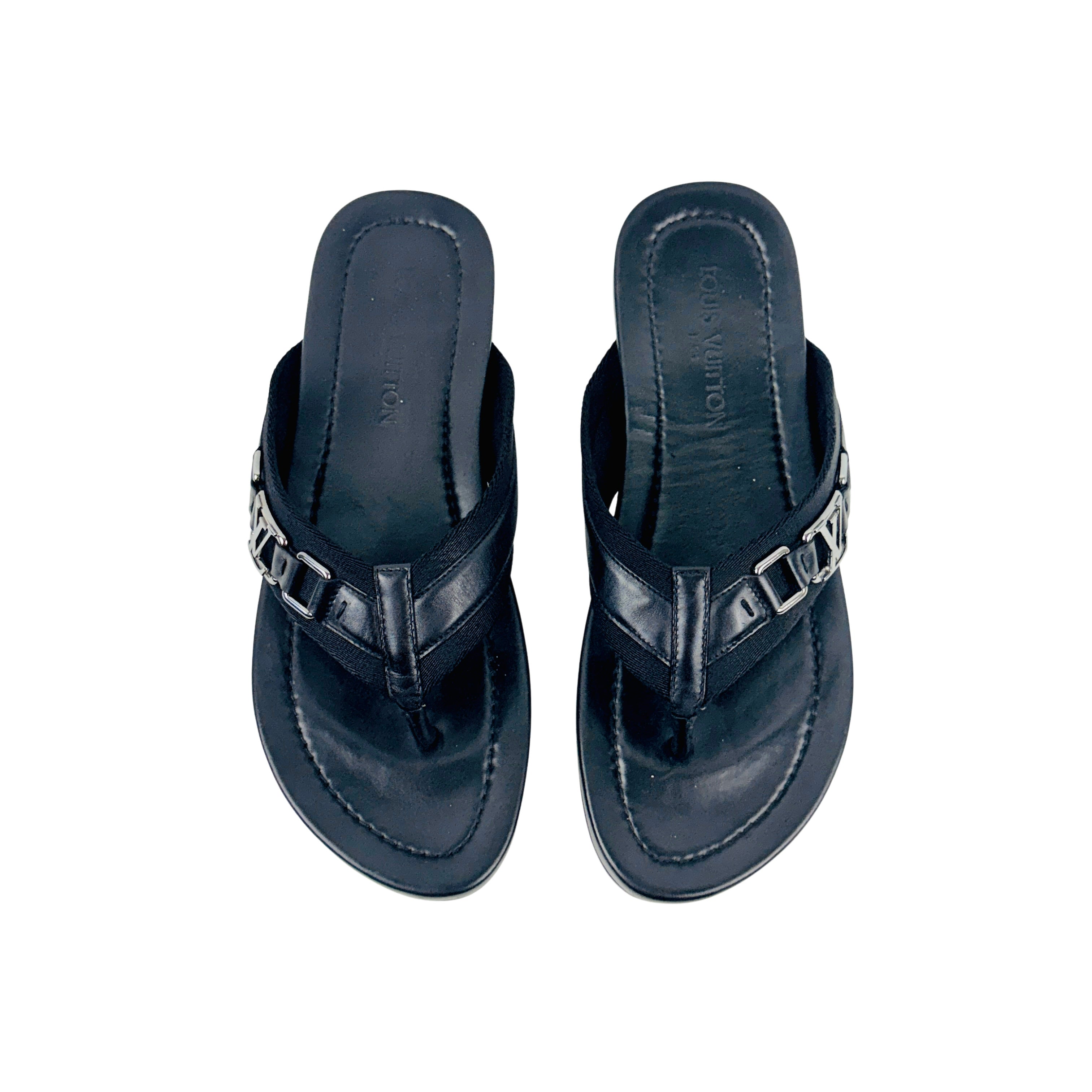 LOUIS VUITTON Black Leather & Canvas Straps Thong Sandals/Slipers/Slides (Size 44)