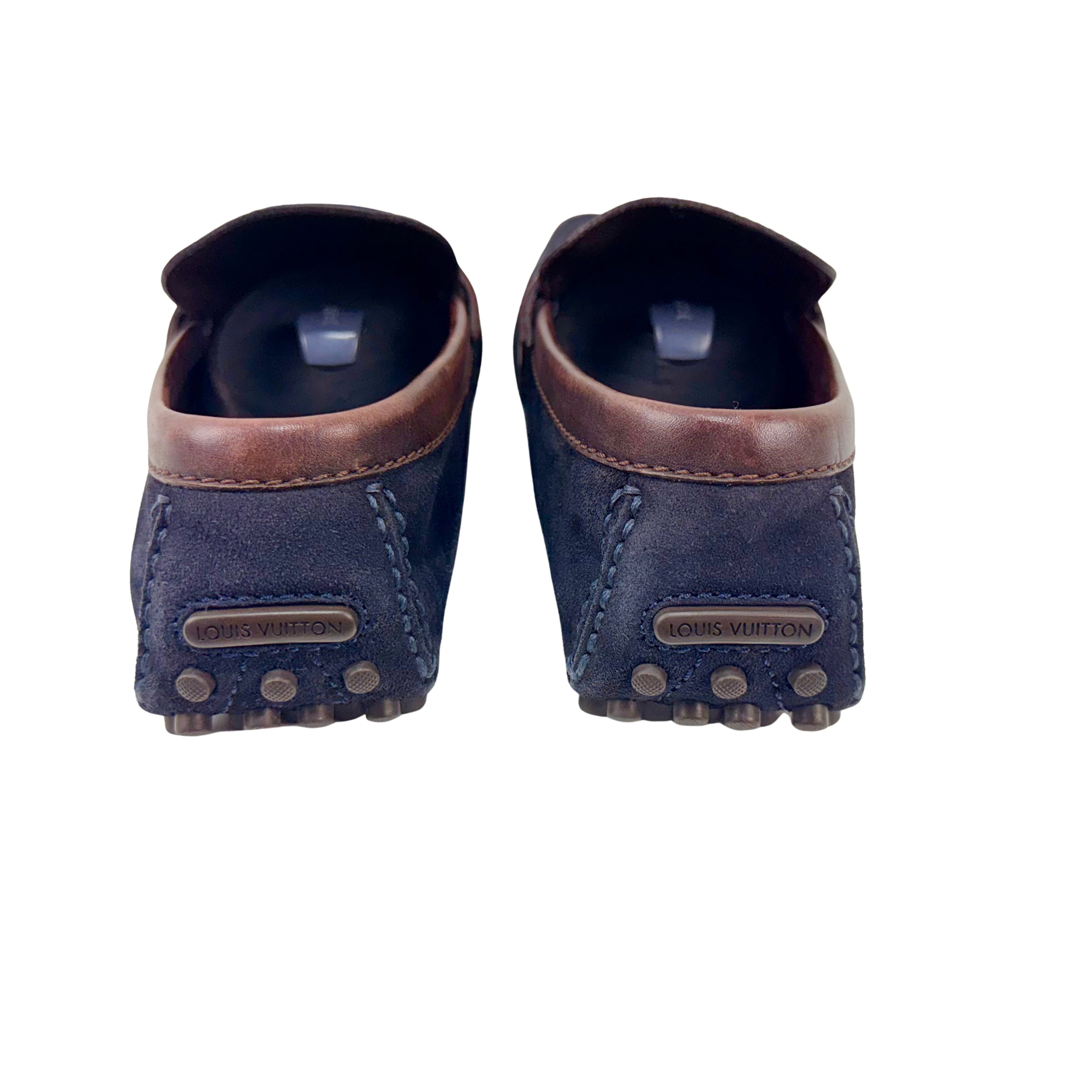 LOUIS VUITTON Hockenheim Loafers/Moccasins in navy blue suede with brown leather (Size 42)