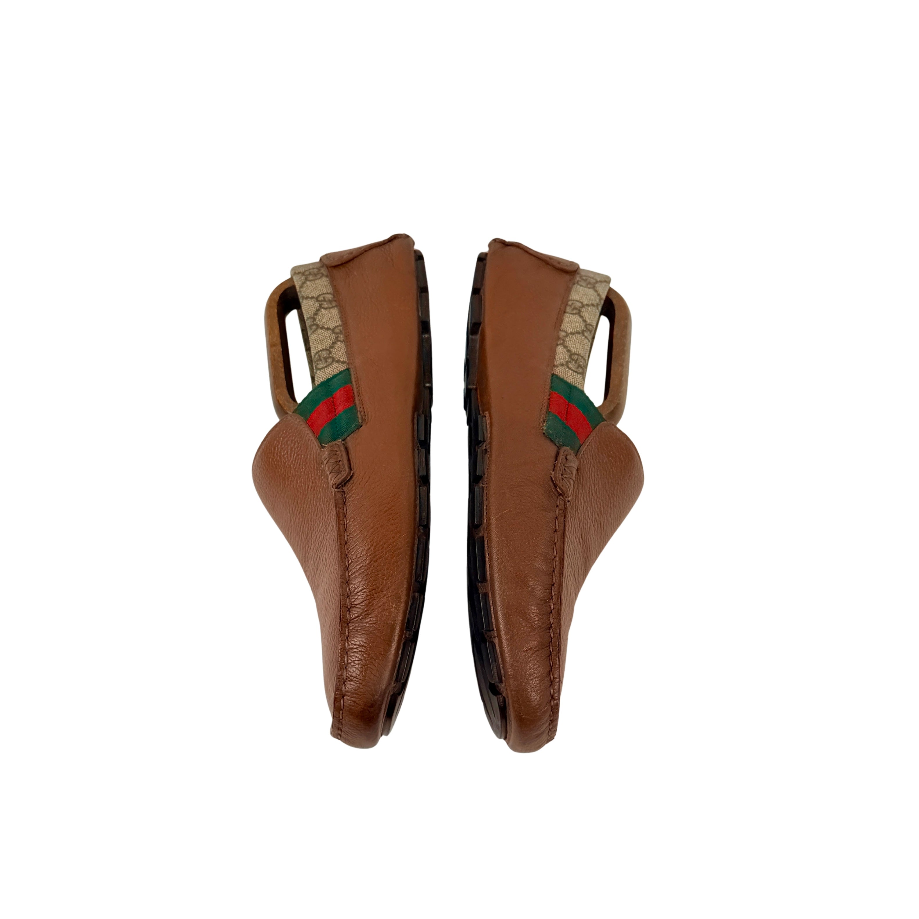 GUCCI Brown Leather And GG Coated Canvas Web Detail Slip On Loafers/Moccasins (Size 42)