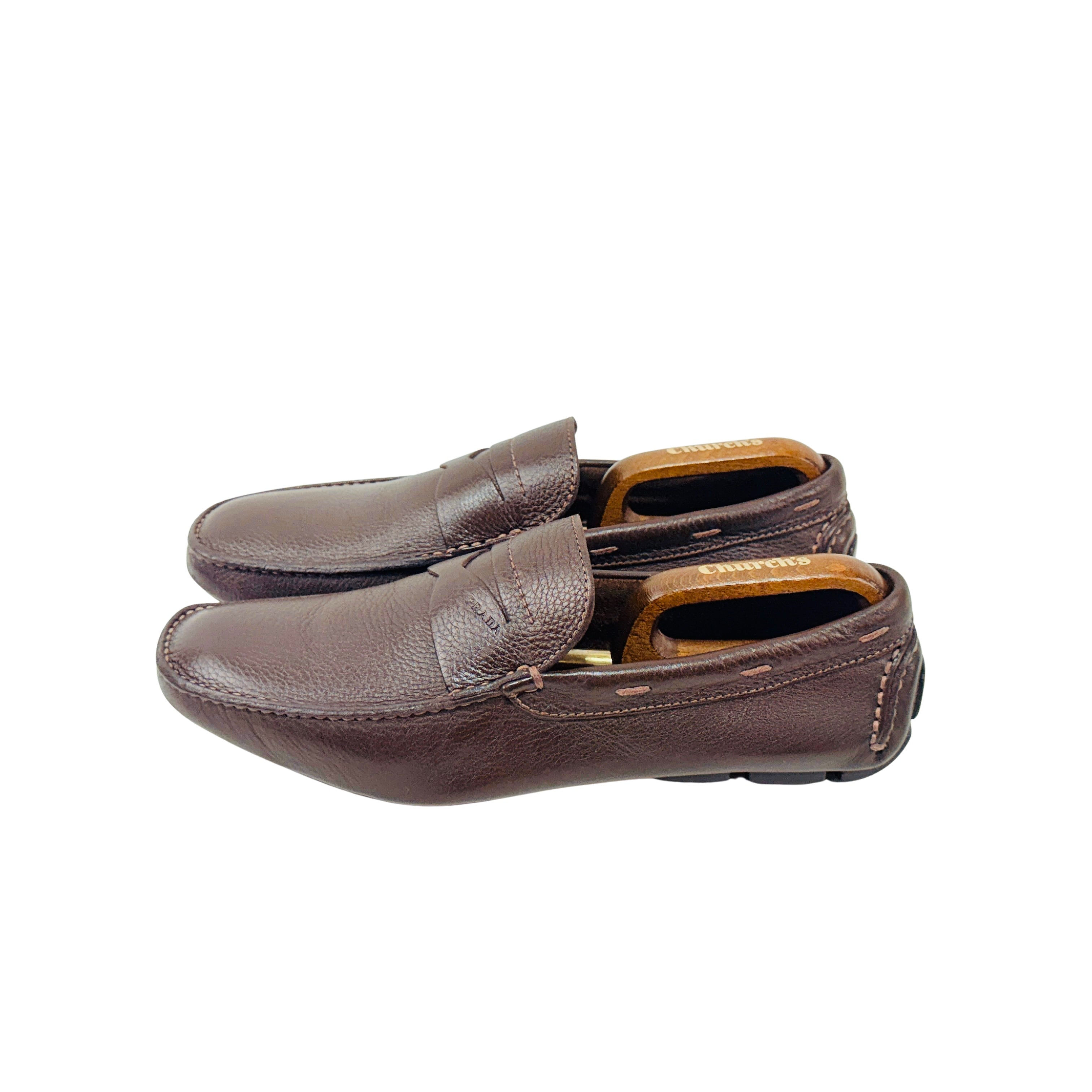 PRADA Grain Leather Brown Penny Loafers/Moccasins/Driving (Size 44)