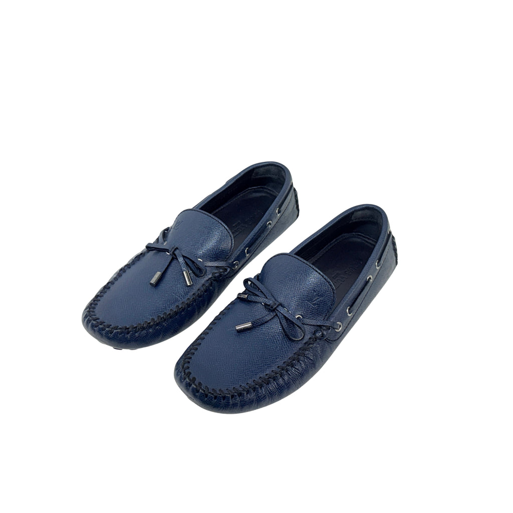 LOUIS VUITTON Arizona Driving/Loafer/Moccasins Navy Blue Taiga Leather Silver Hardware (Size 44)