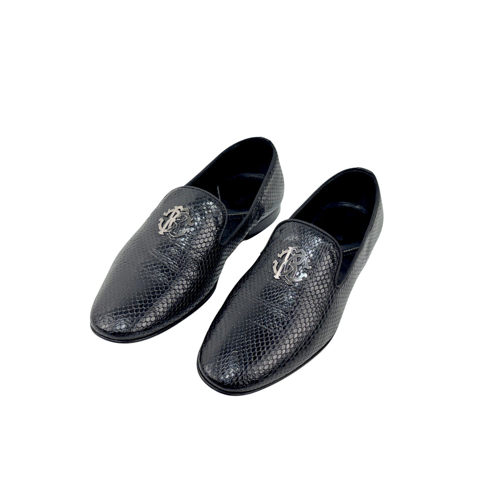 ROBERTO CAVALLI Men's Black Embossed Snakeskin Leather Loafers/Moccasins (Size 44)