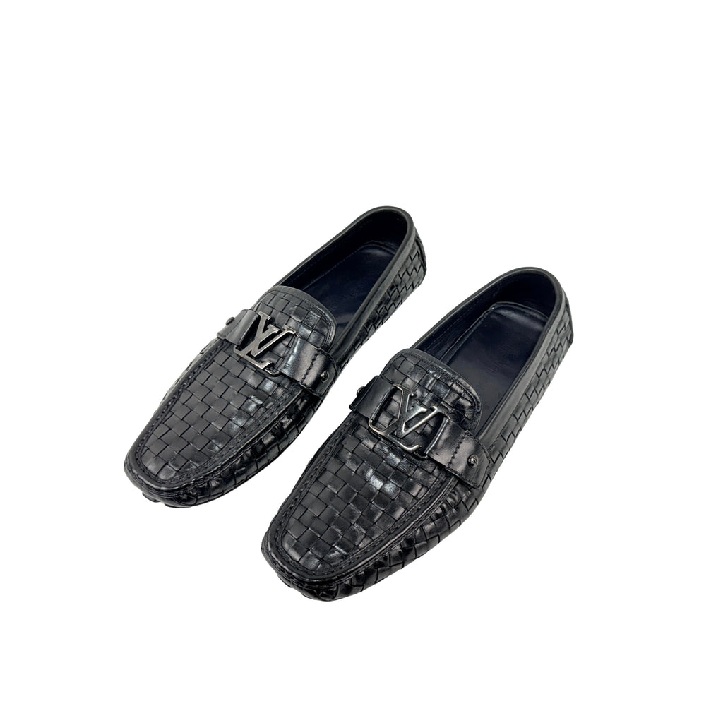 LOUIS VUITTON Black Woven Leather Monte Carlo Loafers/Moccasins(Size 46)